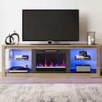 Bestier 70-Inch LED Fireplace TV Stand in White with Tempered Glass Shelves and Open Storage Cabinet - Grey Wash