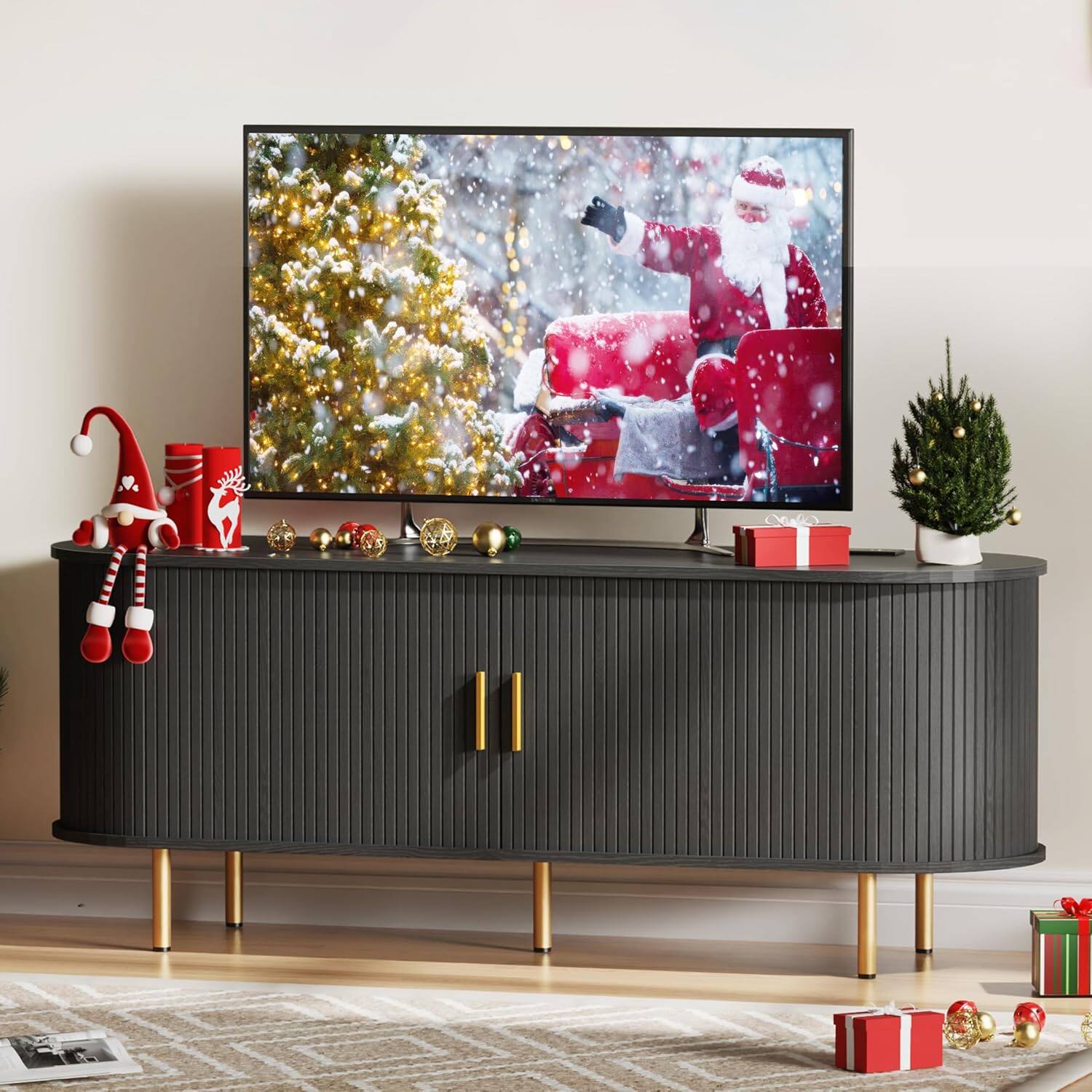 Back. Tiramisubest - 55" Mid Century TV Stand with Power Outlet for TVs up to 60 Inch,Media Console with Adjustable Shelves & Sliding Doors - Black.