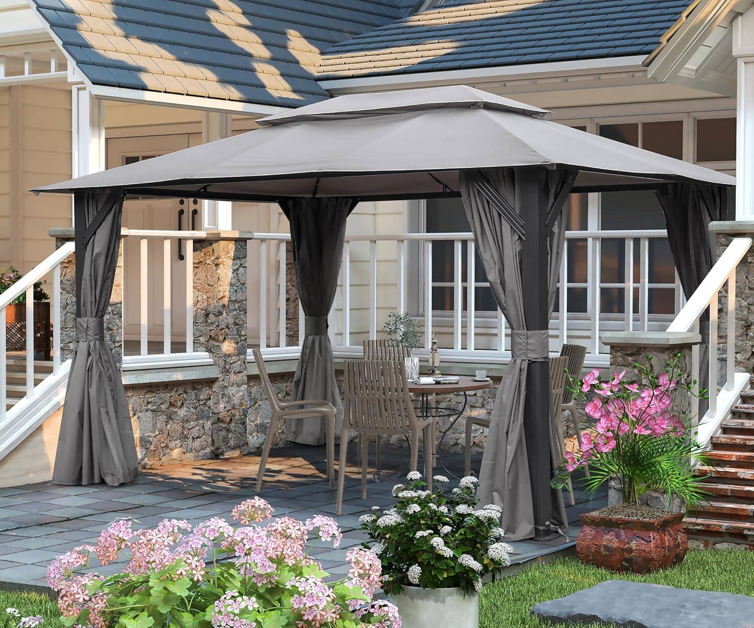 Angle. Mondawe - 10x14FT Outdoor Gazebo, Curtains and Mosquito Nettings included,Heavy Duty Metal Frame - Grey.