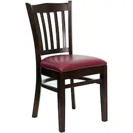 Emma + Oliver - Vertical Slat Back Wooden Restaurant Dining Chair - Burgundy Vinyl Seat/Walnut Wood Frame