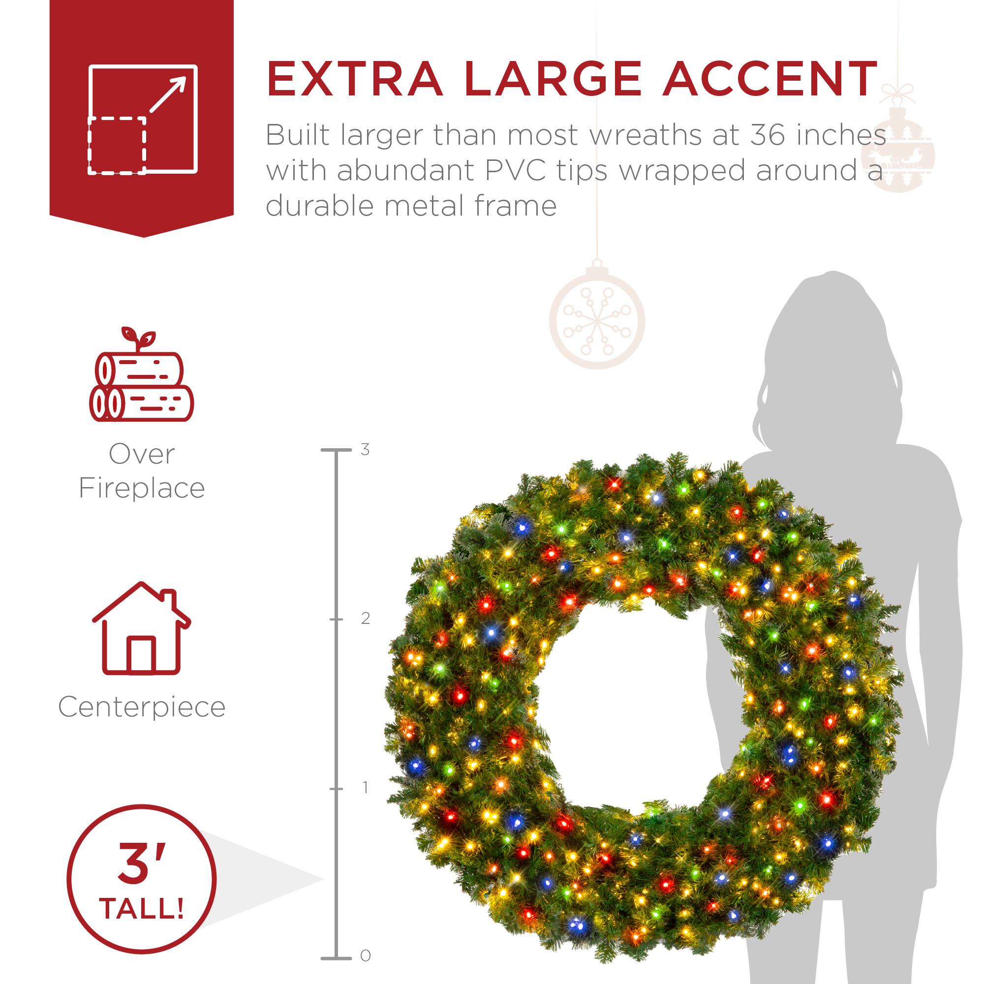 EXTRA LARGE ACCENT  
Built larger than most wreaths at 36 inches with abundant PVC tips wrapped around a durable metal frame  

Over Fireplace  
Centerpiece  

3' TALL!