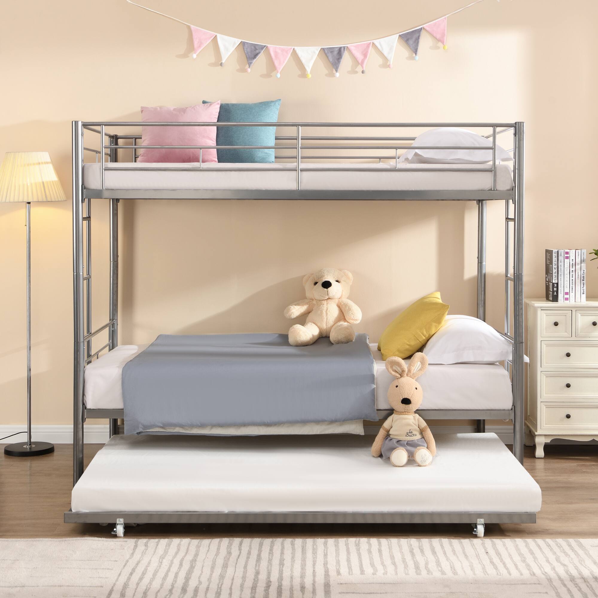 Angle. GOODSILO - Space-Saving Twin Over Twin Metal Bunk Bed with Trundle for Kids and Teens Bedroom - Silver.