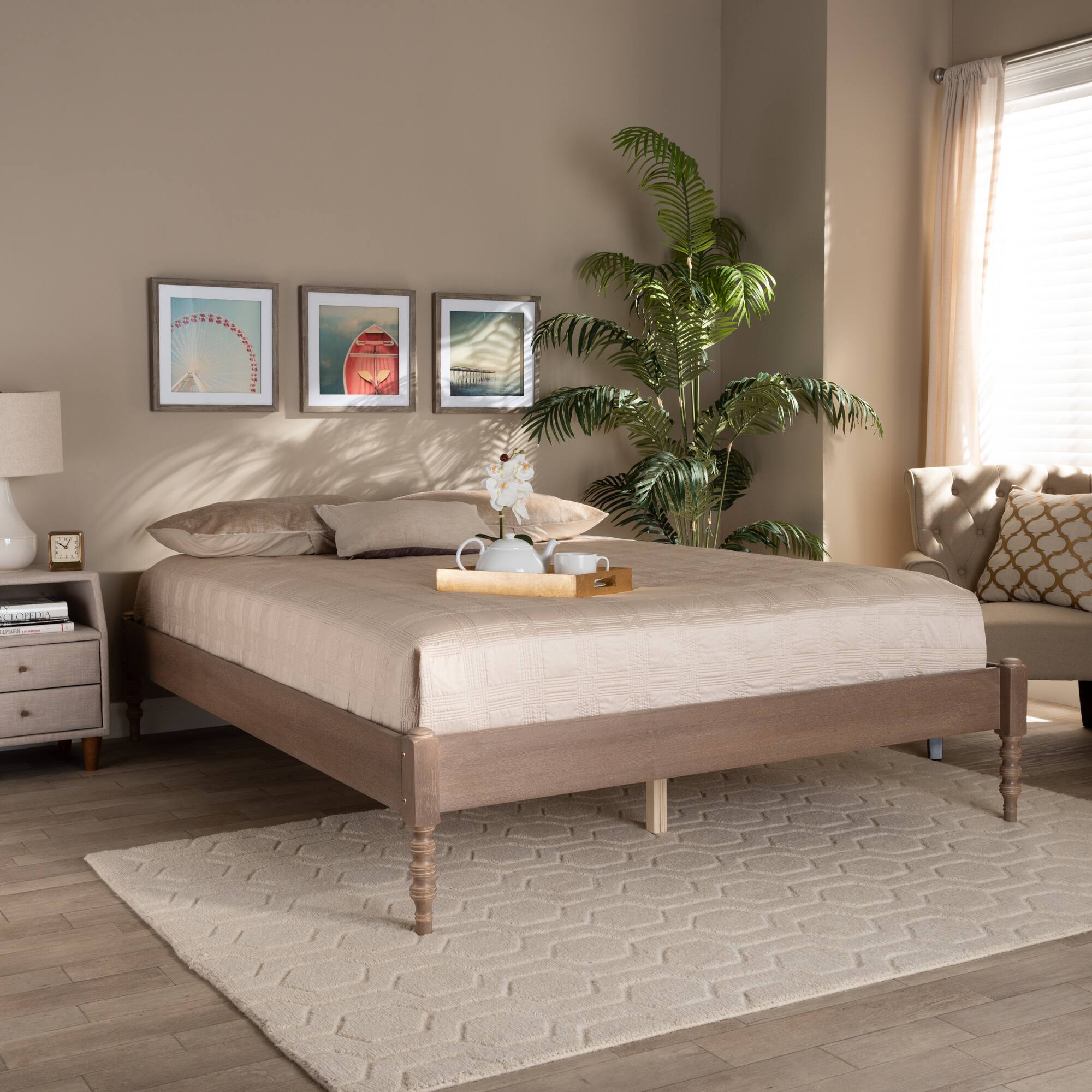 Alt View 1. Baxton Studio - Cielle French Bohemian Antique Oak Finished Wood Platform Bed Frame - Antique oak.