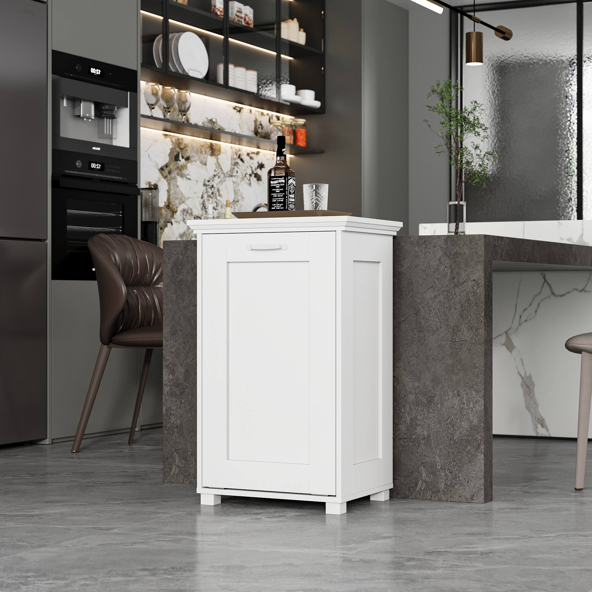 Left. Famapy - 10 Gallon Tilt-Out Kitchen Trash Cabinet with Ozone Odor Control, Hidden Garbage Bin Storage, Wooden Deodorizing Cabinet - White.