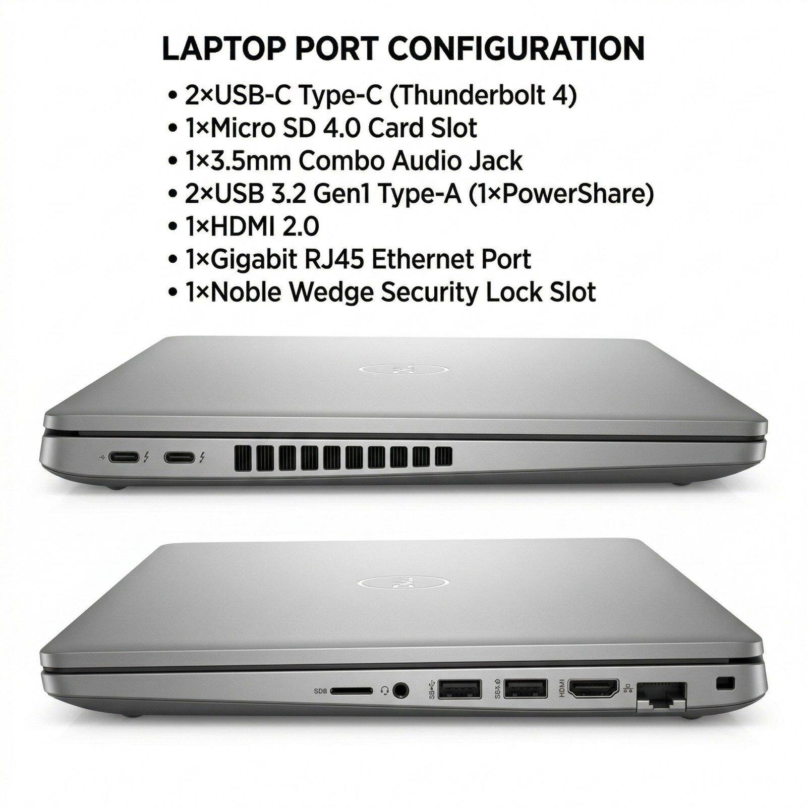 LAPTOP PORT CONFIGURATION

- 2x USB-C Type-C (Thunderbolt 4)
- 1x Micro SD 4.0 Card Slot
- 1x 3.5mm Combo Audio Jack
- 2x USB 3.2 Gen1 Type-A (1x PowerShare)
- 1x HDMI 2.0
- 1x Gigabit RJ45 Ethernet Port
- 1x Noble Wedge Security Lock Slot