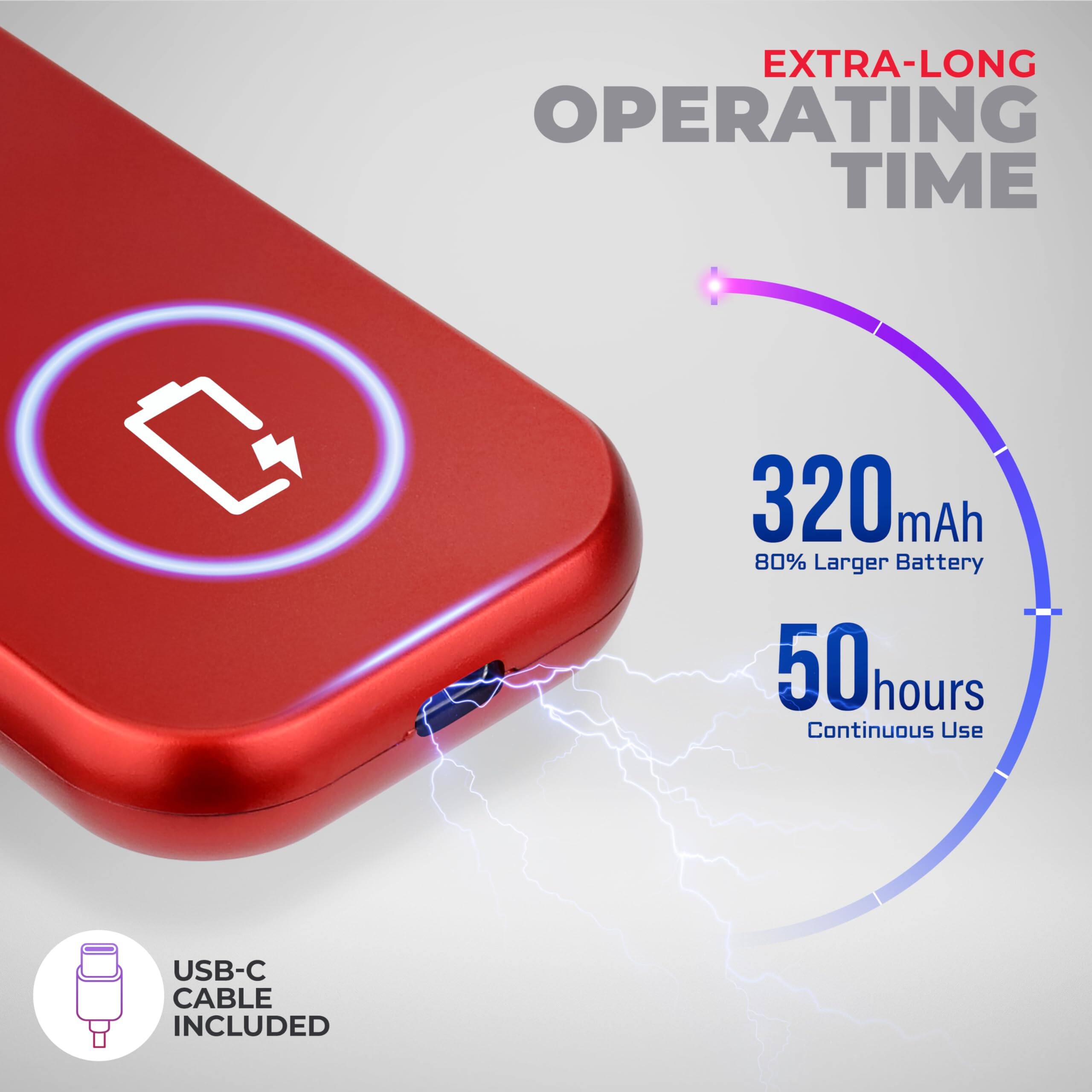 EXTRA-LONG OPERATING TIME

320 mAh  
80% Larger Battery

50 hours  
Continuous Use

USB-C CABLE INCLUDED