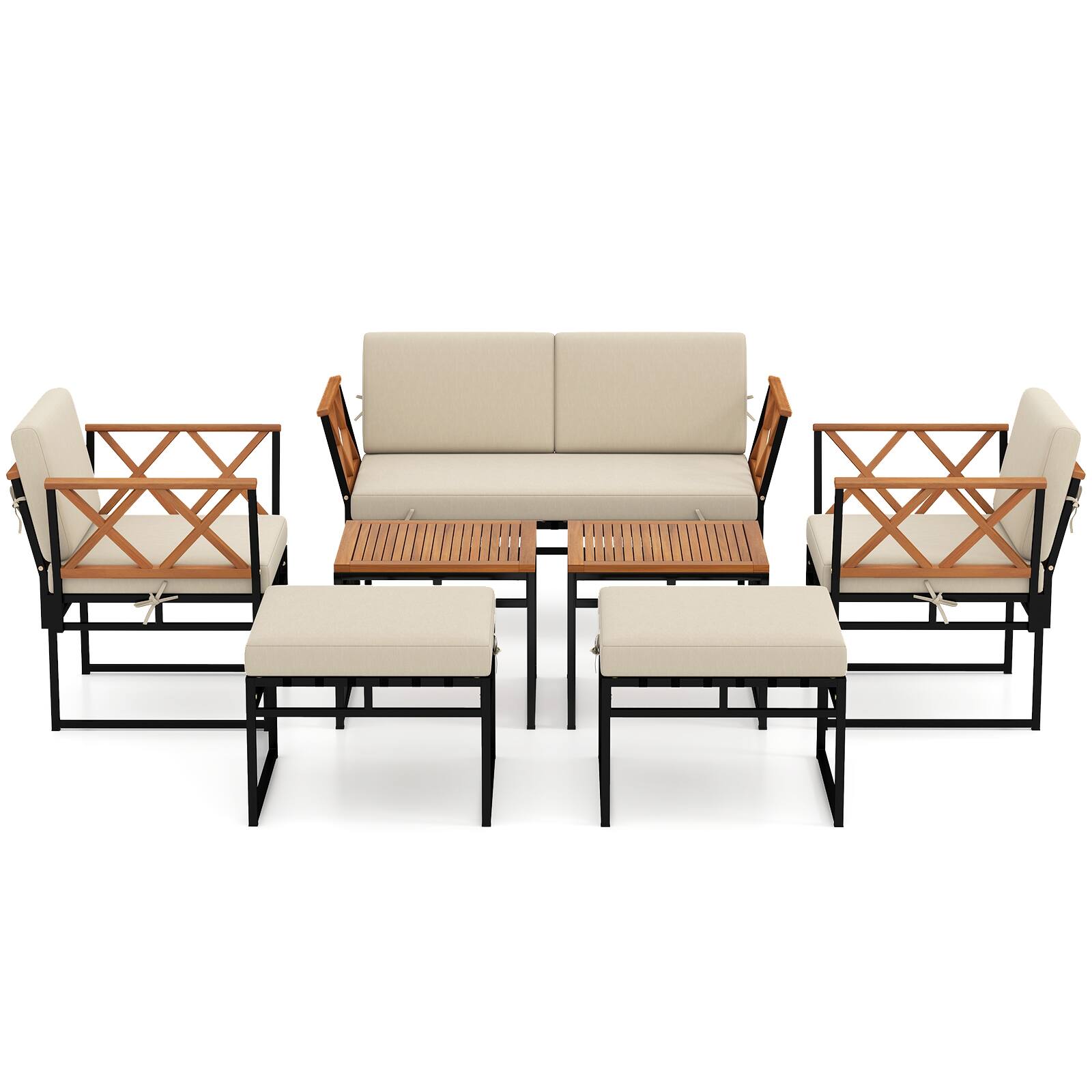 Alt View 6. Gymax - Gymax Set Of 7 Outdoor Conversation Set Acacia Wood Chairs & Coffee Tables Set w/Ottomans - Brown, Black.