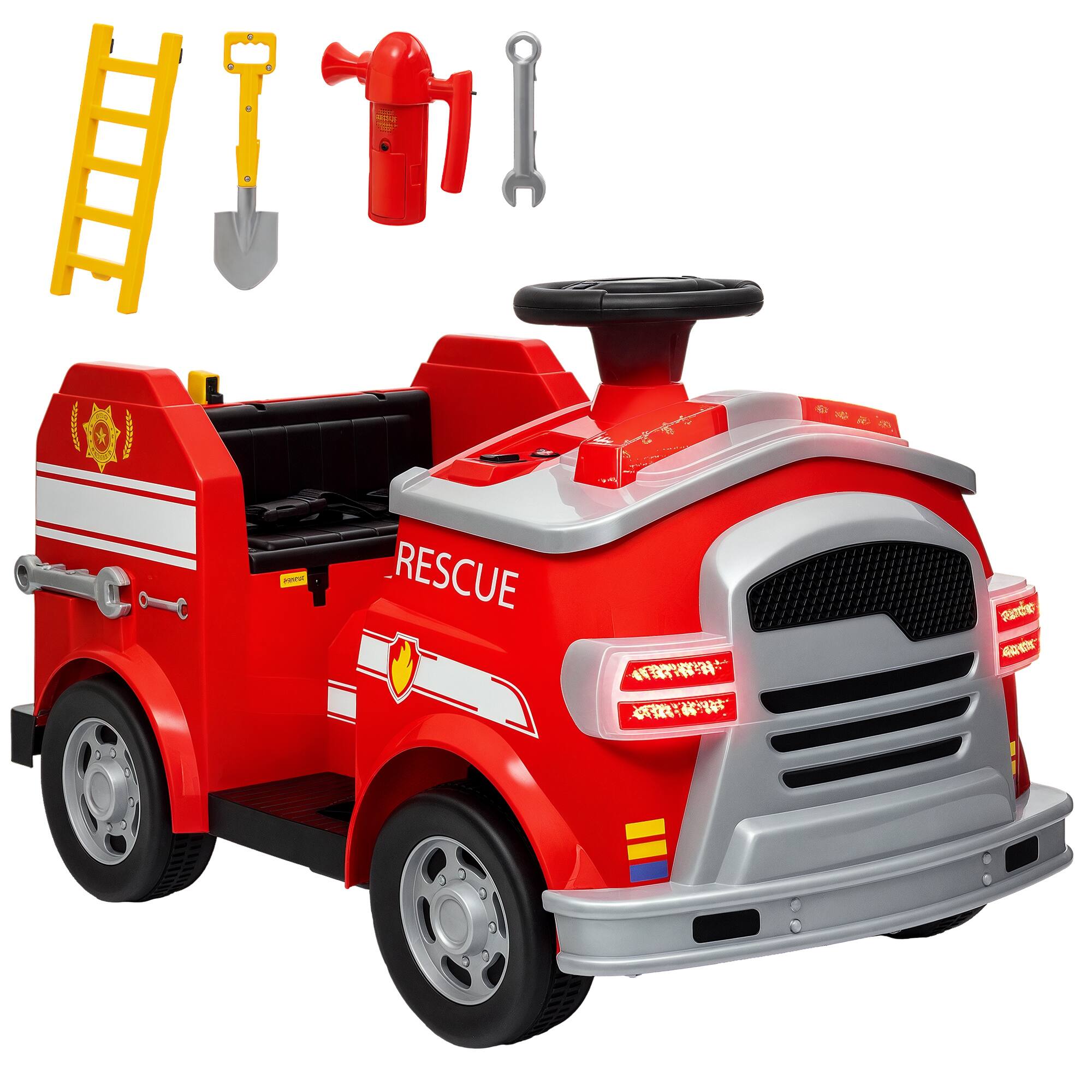 Qaba - 12V Ride on Fire Truck, Battery Electric Car with Siren, Flashing Lights, Extinguisher, Soft Start, Horn Music