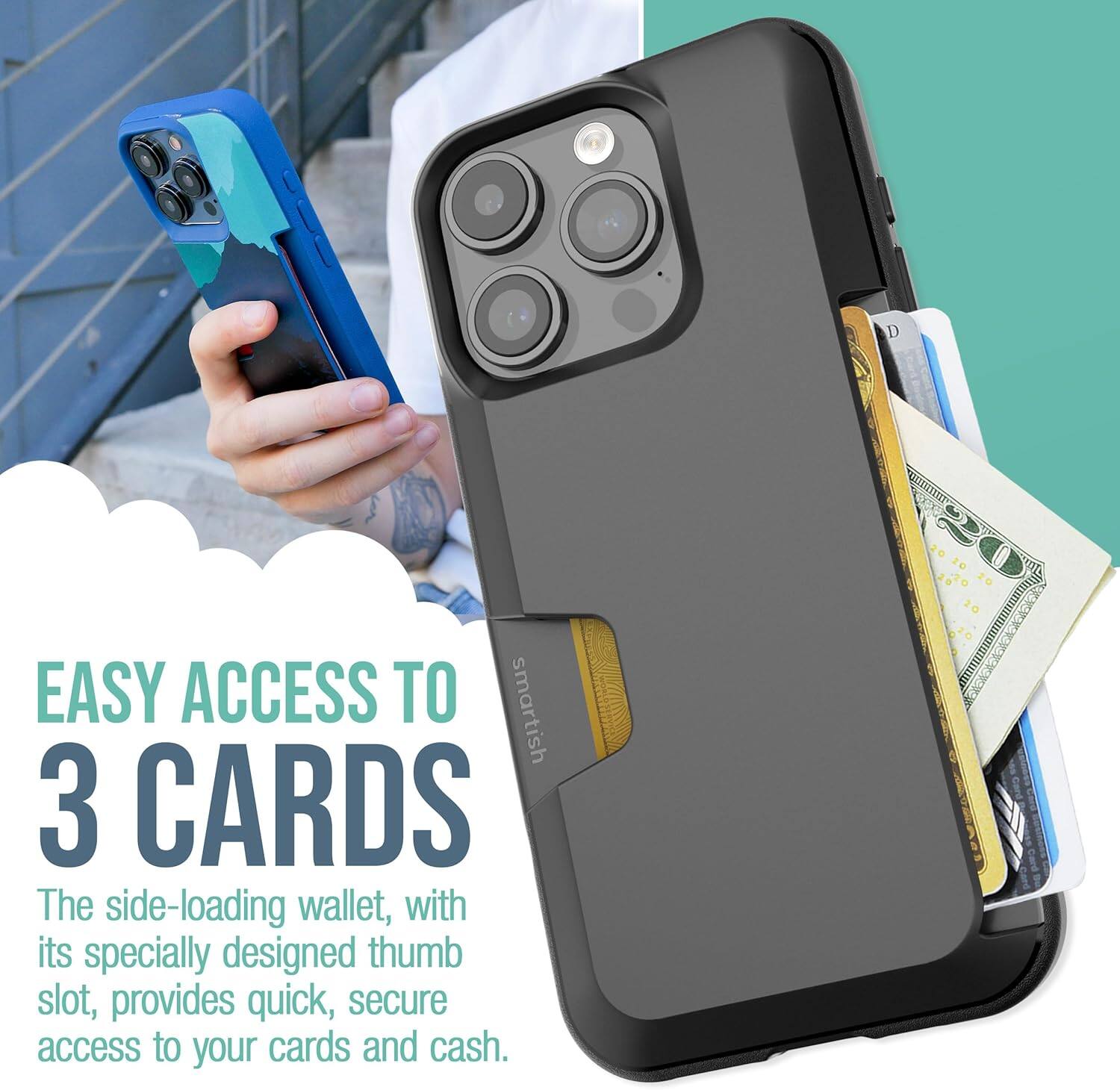 EASY ACCESS TO 3 CARDS

The side-loading wallet, with its specially designed thumb slot, provides quick, secure access to your cards and cash.