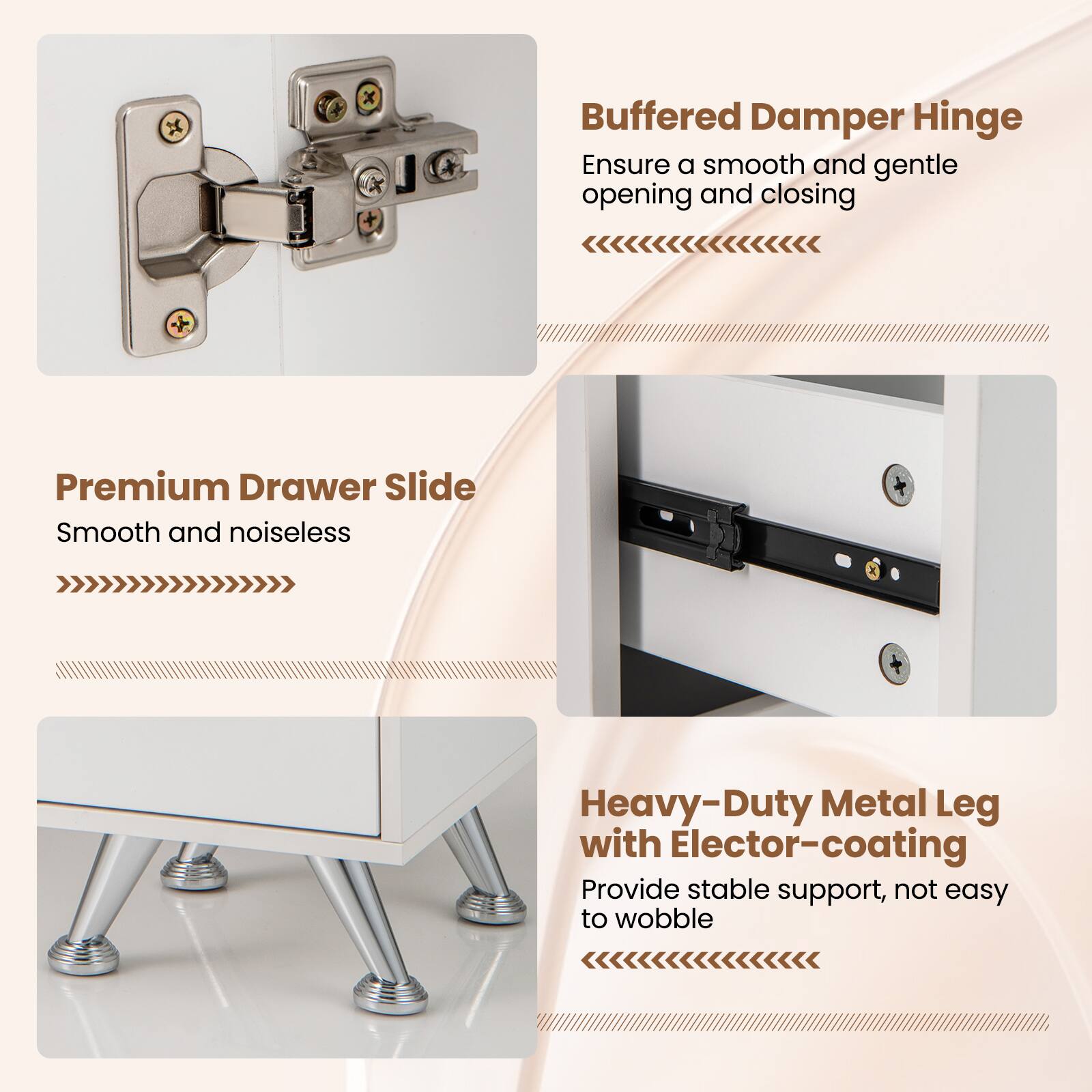 Buffered Damper Hinge, Premium Drawer Slide, Heavy-Duty Metal Leg with Elector-coating