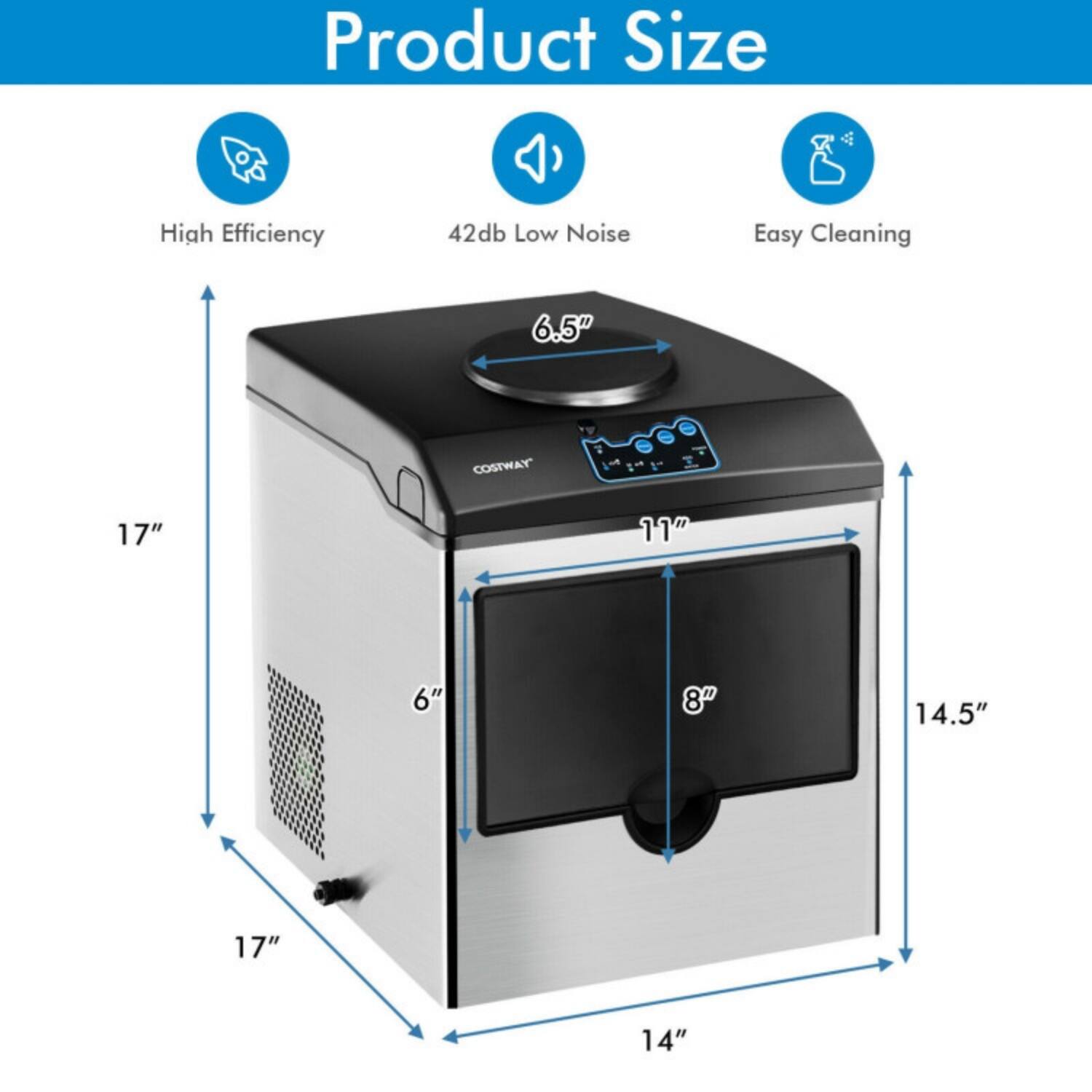Product Size  
High Efficiency  
42db Low Noise  
Easy Cleaning  

6.5"  
17"  
11"  
6"  
8"  
14.5"  
17"  
14"