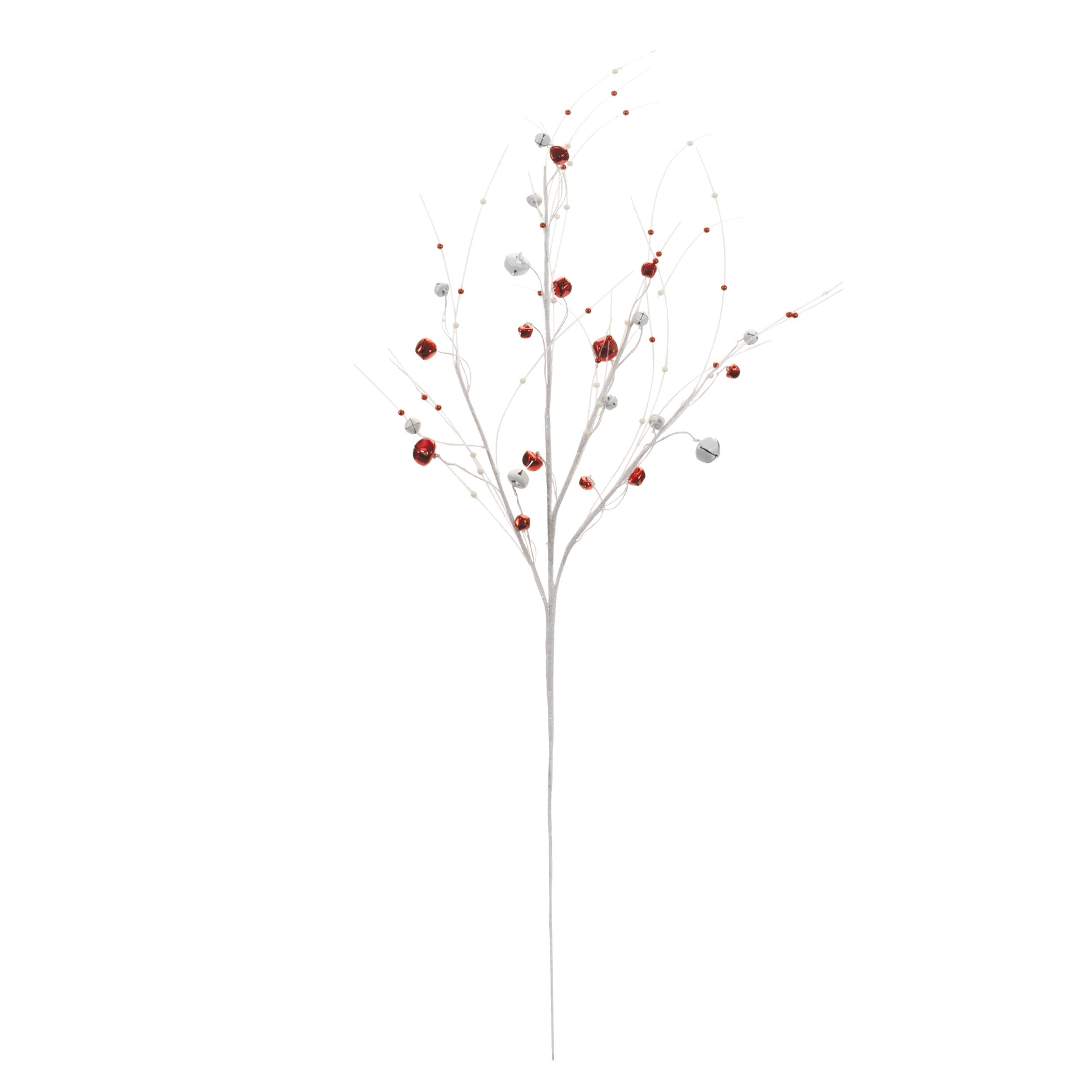 Angle. BreeBe - Glittered Sleigh Bell Berry Twig Spray (Set of 2) - Red, White.