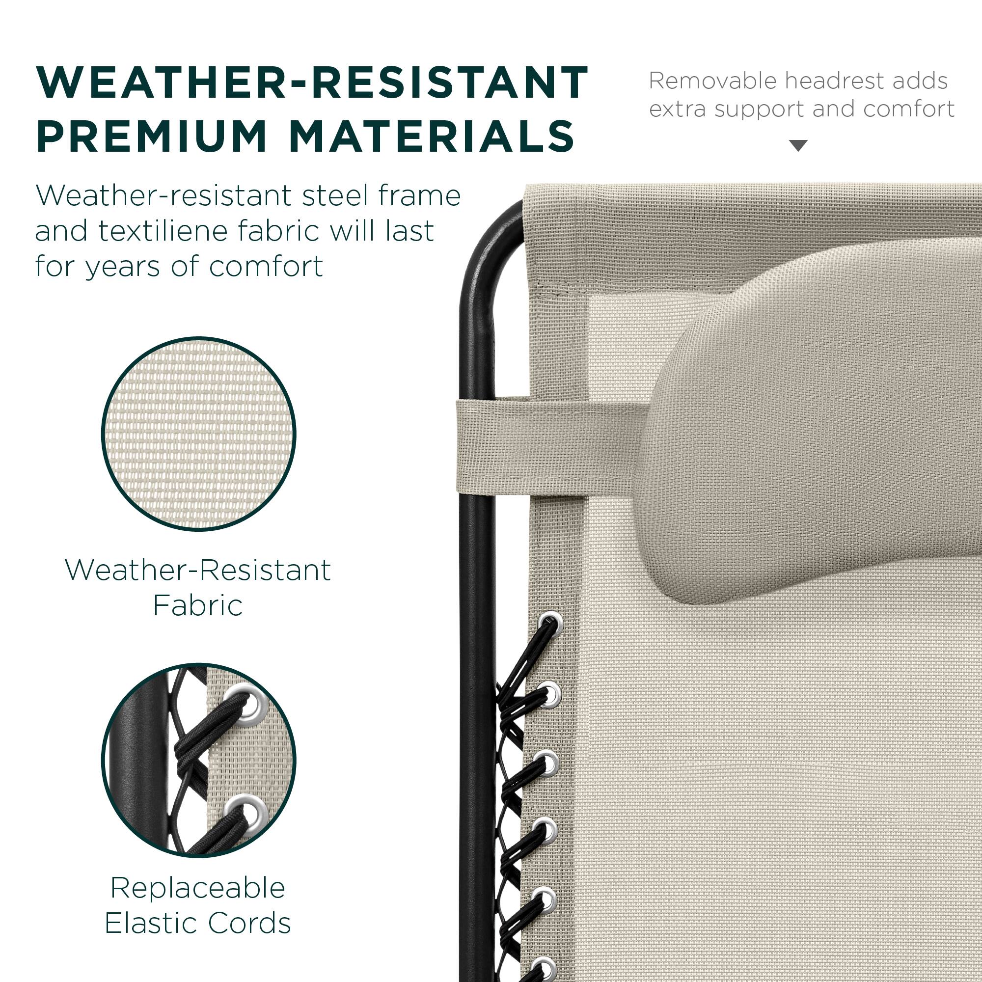 **WEATHER-RESISTANT PREMIUM MATERIALS**

Weather-resistant steel frame and textilene fabric will last for years of comfort

- Weather-Resistant Fabric
- Replaceable Elastic Cords

Removable headrest adds extra support and comfort