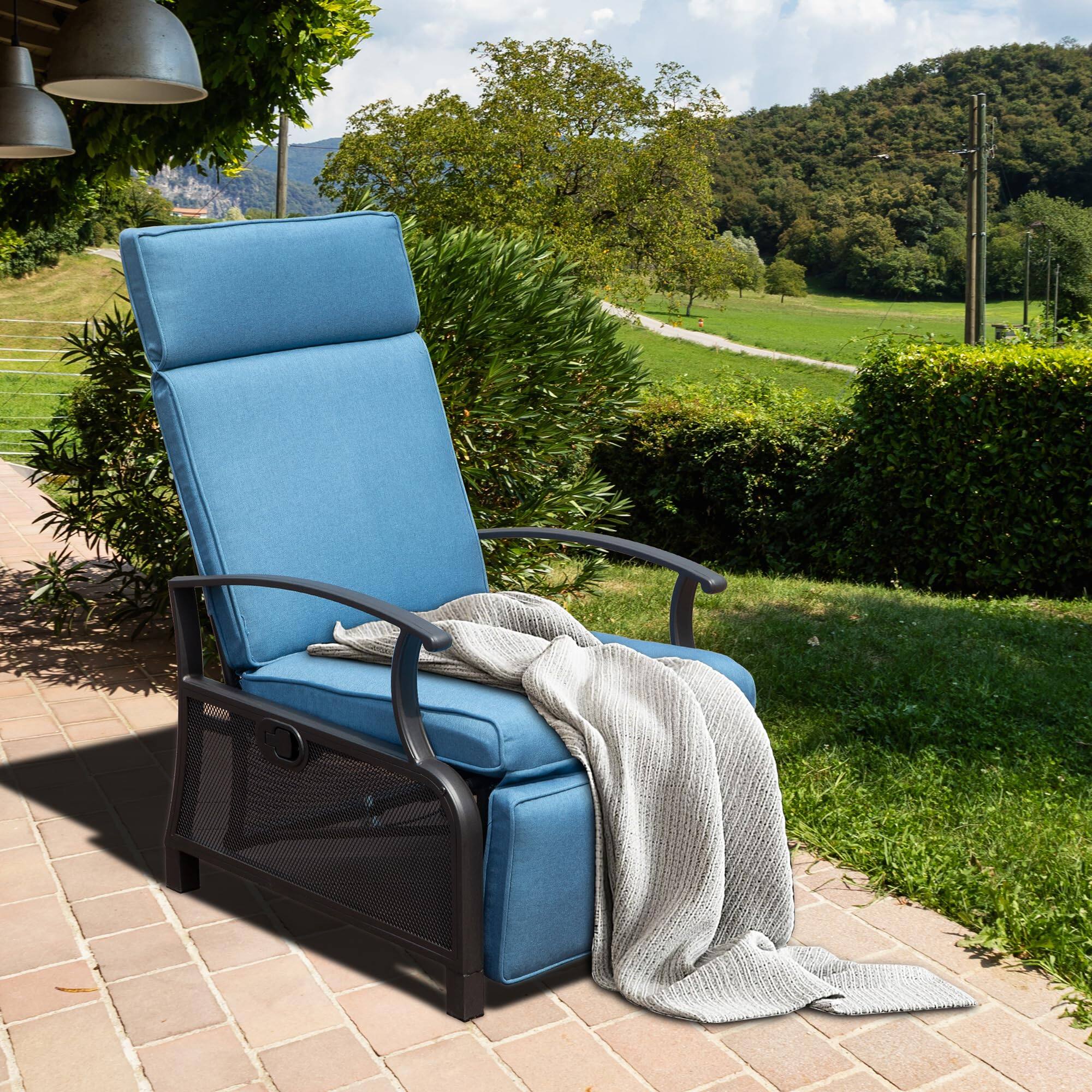 Front. Tiramisubest - Adjustable Angle Patio Recliner Chair,Metal Outdoor Lounge Chair with Flip Table Push Back,Removable Cushions,Navy Blue - Blue.
