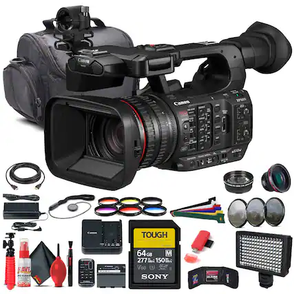 Canon XF605 4K Camera Kit
Includes:
- Canon XF605 Camera
- Canon Lens
- Canon Shoulder Mount
- Canon Battery
- Canon Charger
- Canon Memory Card (64GB)
- Canon Lens Hood
- Canon Lens Filter Kit
- Canon Cleaning Kit
- Canon Tripod
- Canon Microphone
- Canon Remote Control
- Canon Camera Bag
- Sony Tough SF-M64T 64GB Memory Card
- Sony Tough 277 150W LED Light
- Sony Tough V60
- Sony Tough ULTIMA