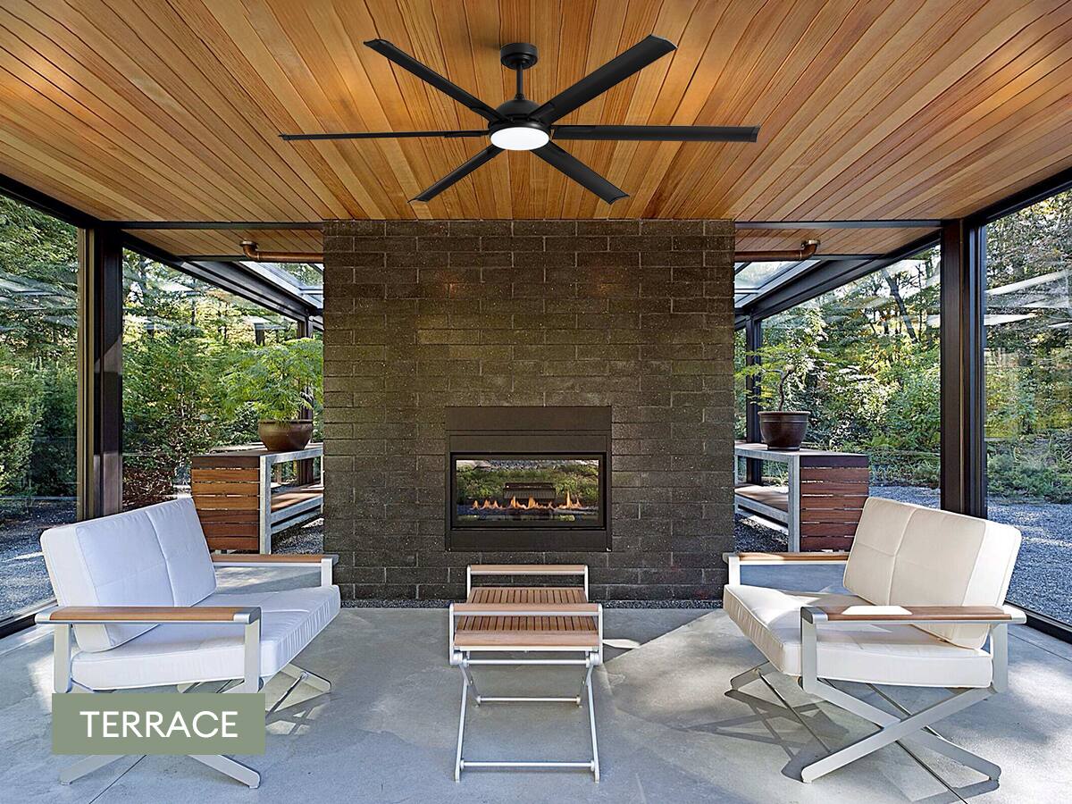 Left. Siljoy - 72 Inch Industrial Black Ceiling Fan with Integrated LED Light and Remote for Patio Kitchen Garage and Warehouse - Black.