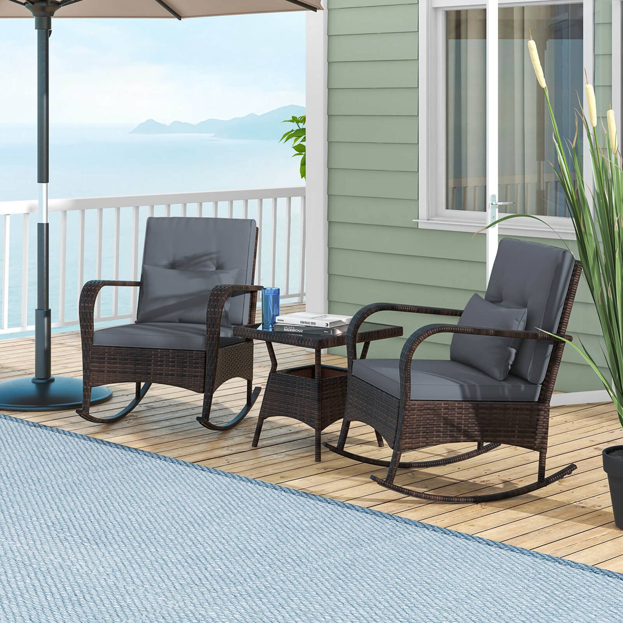 Alt View 1. Costway - Costway 3 PCS Rocking Bistro Set with Removable Cushions & Tempered Glass Top Coffee Table Grey - Gray.