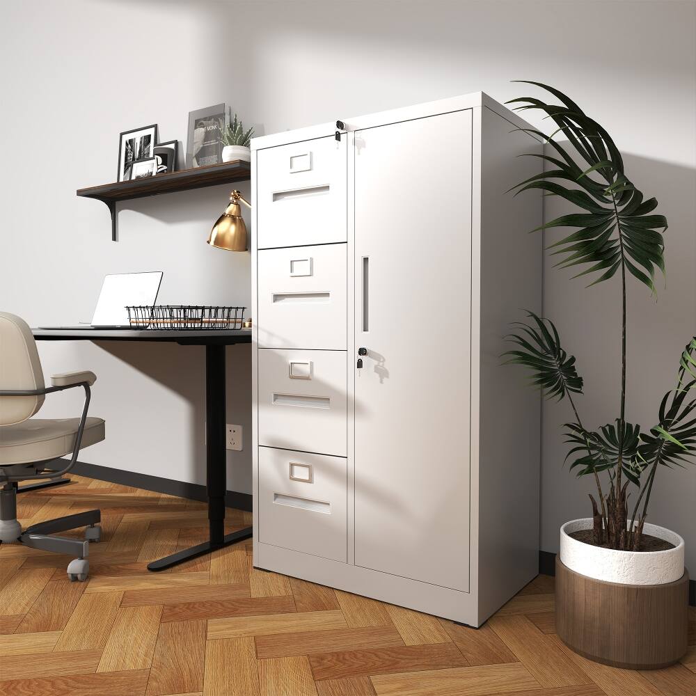 Back. Loheer - Loheer Metal Filing Cabinet 4 Drawer Vertical File Cabinet with Lock and Wardrobe Door White Office Storage.