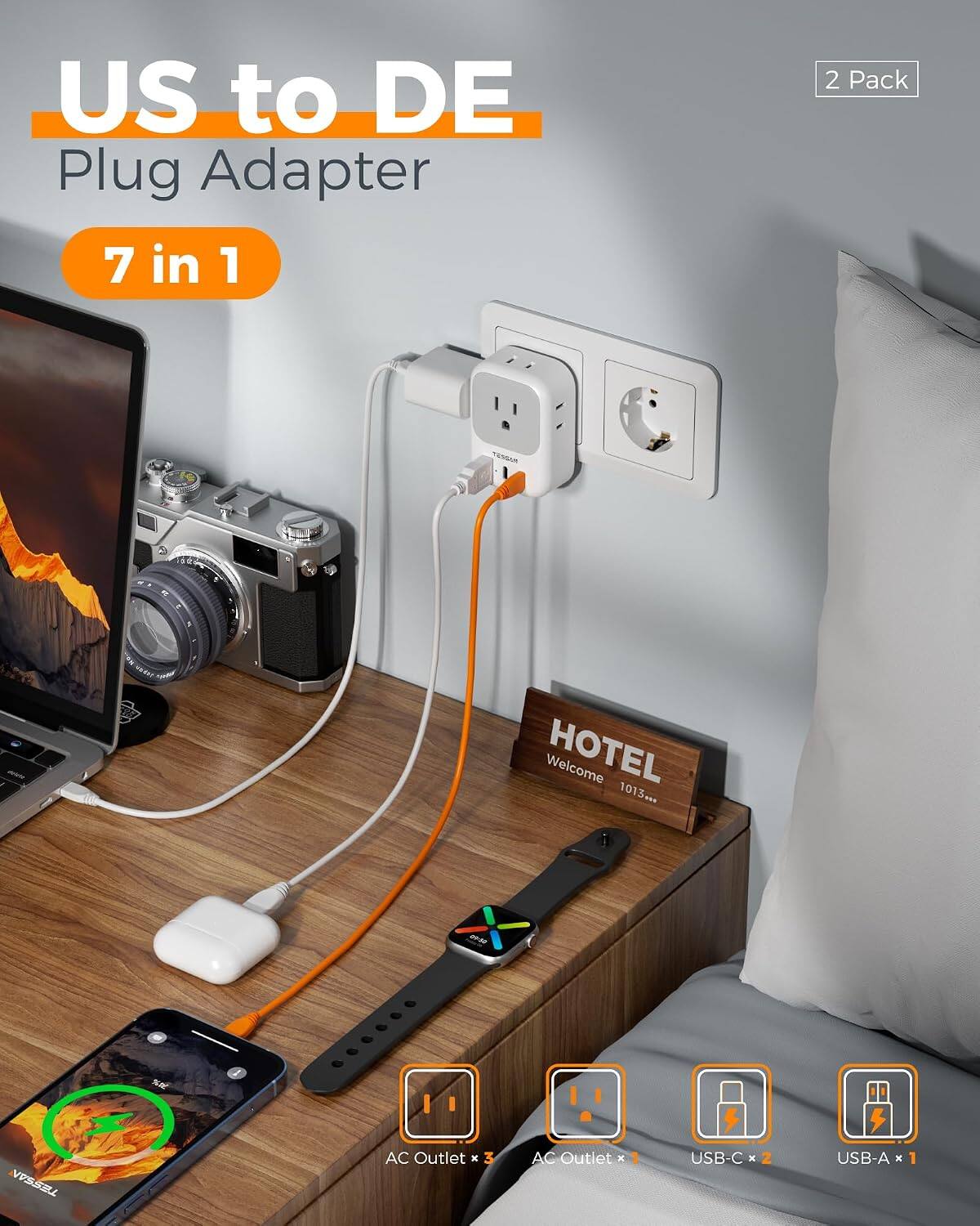 US to DE Plug Adapter 7 in 1 2 Pack

TIN HOTEL Welcome 1013

N VPSSEL

AC Outlet * 3 AC Outlet x USB-C x USB-A * 1