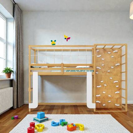 Front. Hivvago - Wooden Twin Loft Bunk Bed with Climbing Ladder and Play Jungle Gym Design - Natural.