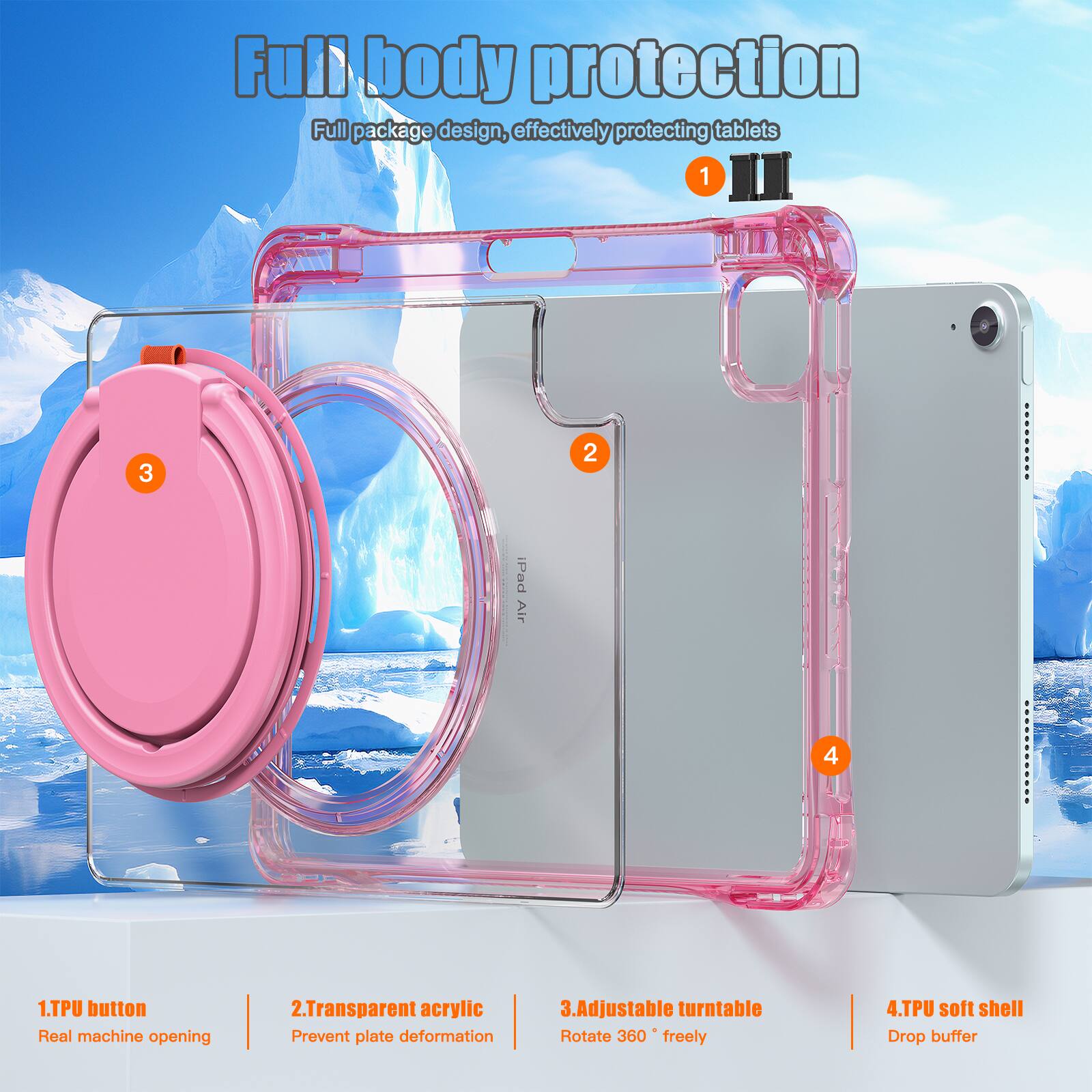 Full body protection  
Full package design, effectively protecting tablets  

1. TPU button  
Real machine opening  

2. Transparent acrylic  
Prevent plate deformation  

3. Adjustable turntable  
Rotate 360° freely  

4. TPU soft shell  
Drop buffer