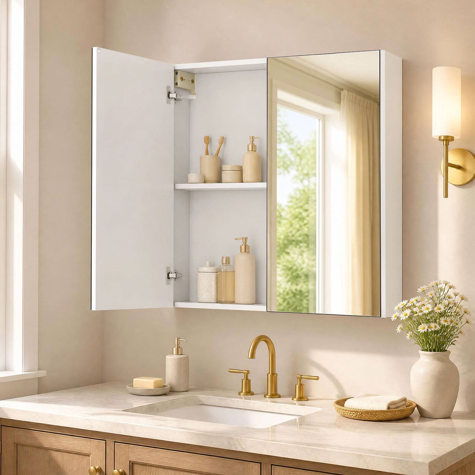 Alt View 3. Costway - Costway 24.5" x 42.5" Bathroom Wall Cabinet with Double Mirrored Doors & Adjustable Shelf - White.