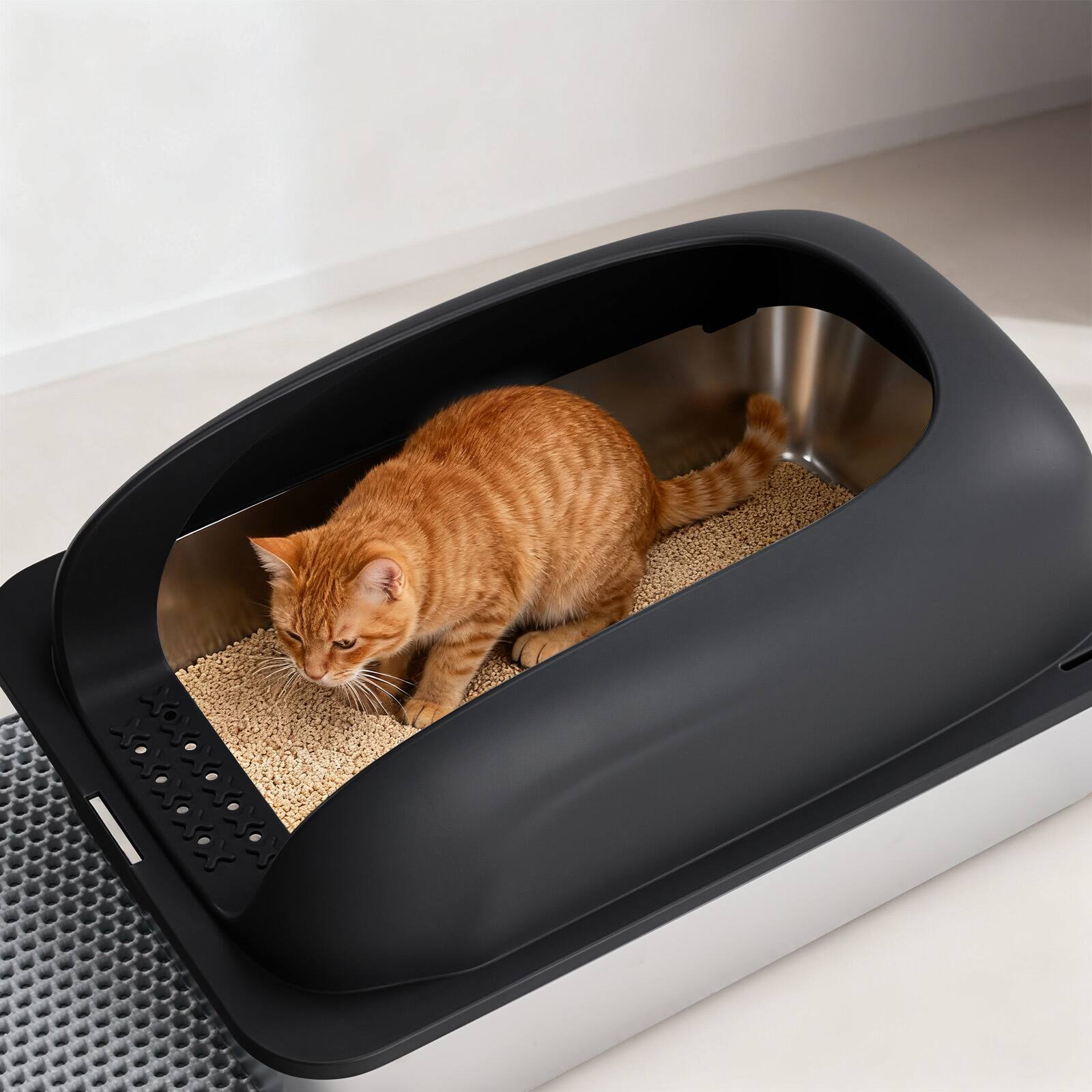 Left. AENKYO - Large Stainless Steel Cat Litter Box with Lid Scoop and Mat Included - Black.