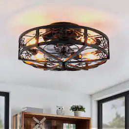 Sofucor - 20'' Rustic Caged Flush Mount Ceiling Fan w/Lights & Remote Vintage Bladeless Ceiling Fan Reversible Farmhouse Bedroom - Black