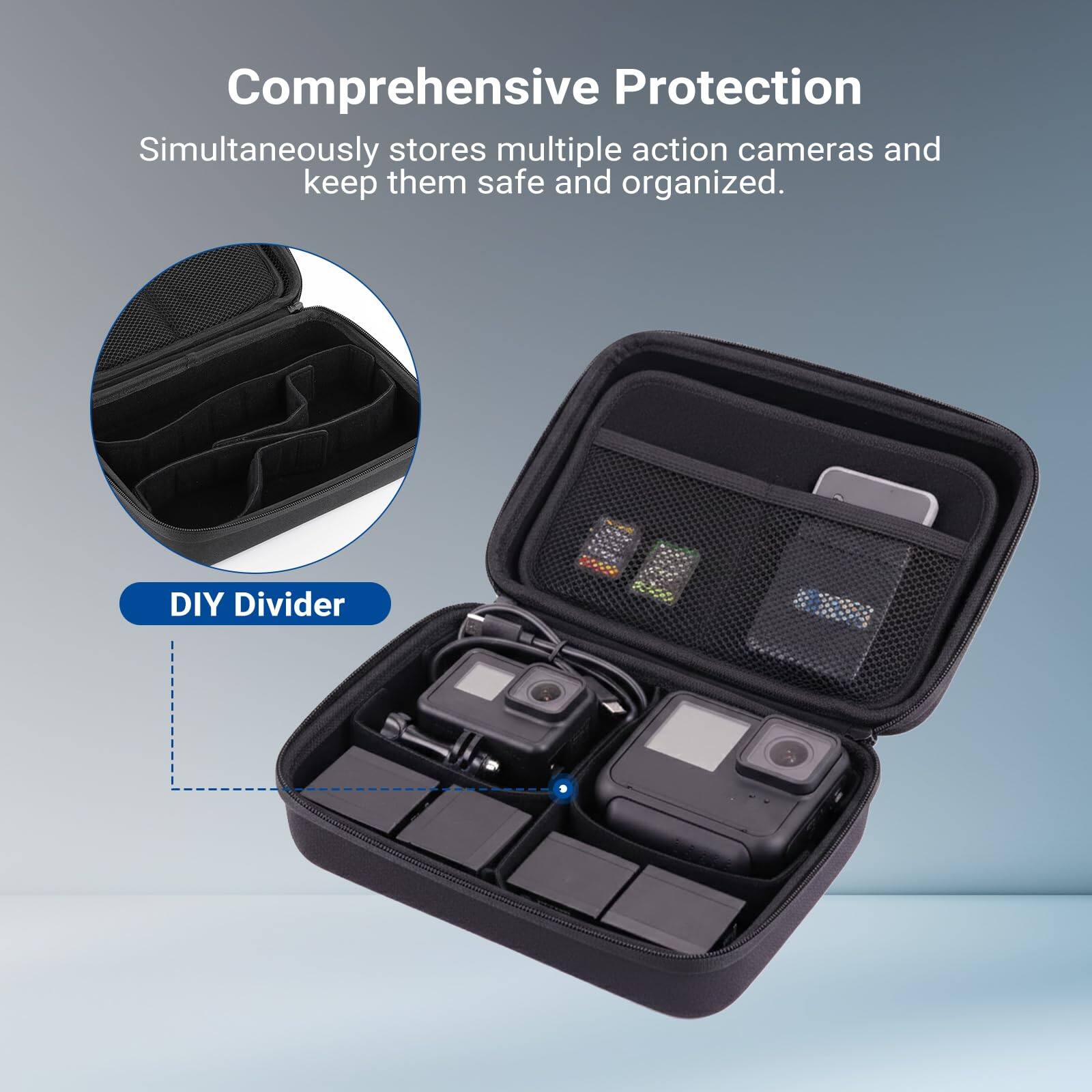 Comprehensive Protection  
Simultaneously stores multiple action cameras and keep them safe and organized.  

DIY Divider