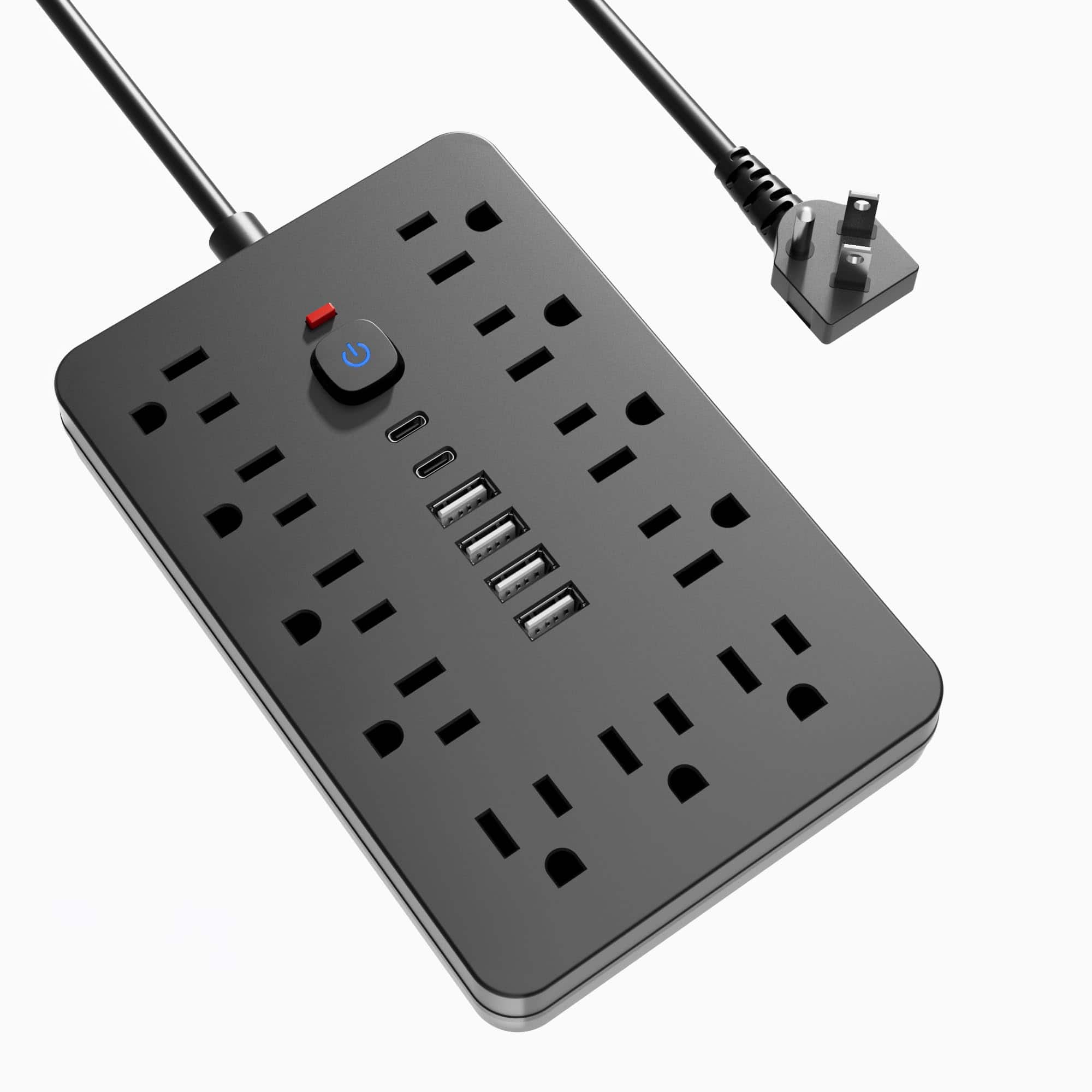 Dazzed Corner - Surge Protector Power Strip 10 Ft Flat Extension Cord - Black