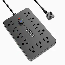 Dazzed Corner - Surge Protector Power Strip 10 Ft Flat Extension Cord - Black