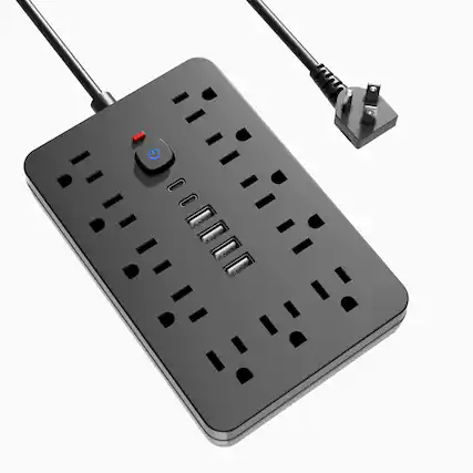 Front. Dazzed Corner - Surge Protector Power Strip 10 Ft Flat Extension Cord - Black.