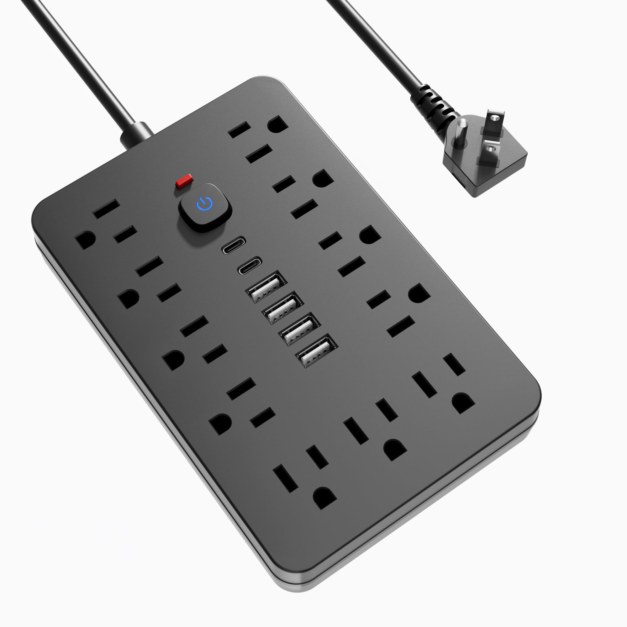 Front. Dazzed Corner - Surge Protector Power Strip 10 Ft Flat Extension Cord - Black.