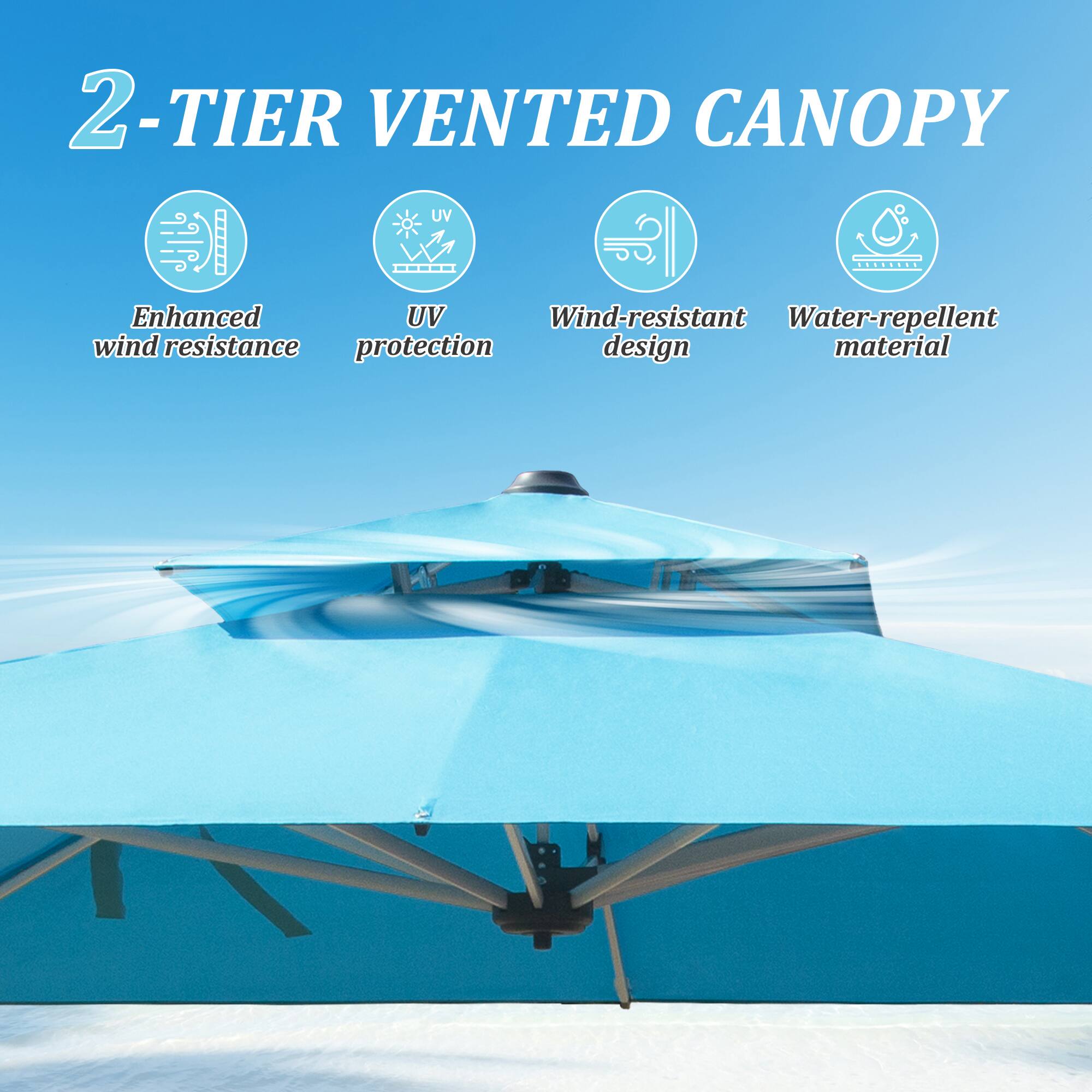 2-TIER VENTED CANOPY

- Enhanced wind resistance
- UV protection
- Wind-resistant design
- Water-repellent material