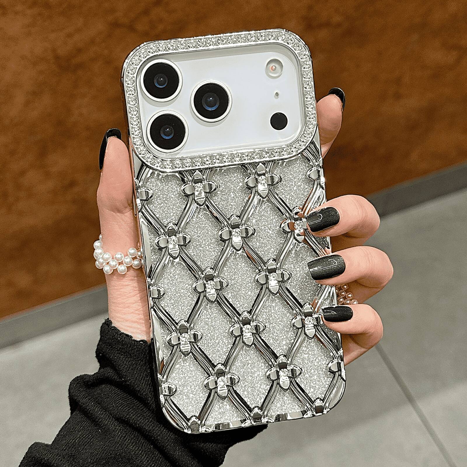 Front. UUCOVER - Luxury Electroplated Bling Glitter Case for Apple iPhone 18 Pro, Sparkle Rhinestone Diamond Flower Pattern Clear Cover - Silver.