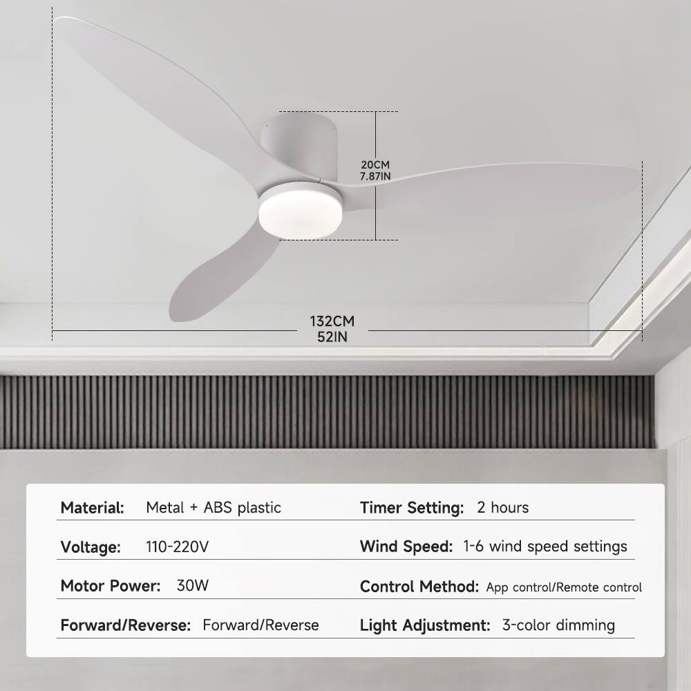 20CM 7.87IN  
132CM 52IN  

Material: Metal + ABS plastic  
Timer Setting: 2 hours  
Voltage: 110-220V  
Wind Speed: 1-6 wind speed settings  
Motor Power: 30W  
Control Method: App control/Remote control  
Forward/Reverse: Forward/Reverse  
Light Adjustment: 3-color dimming