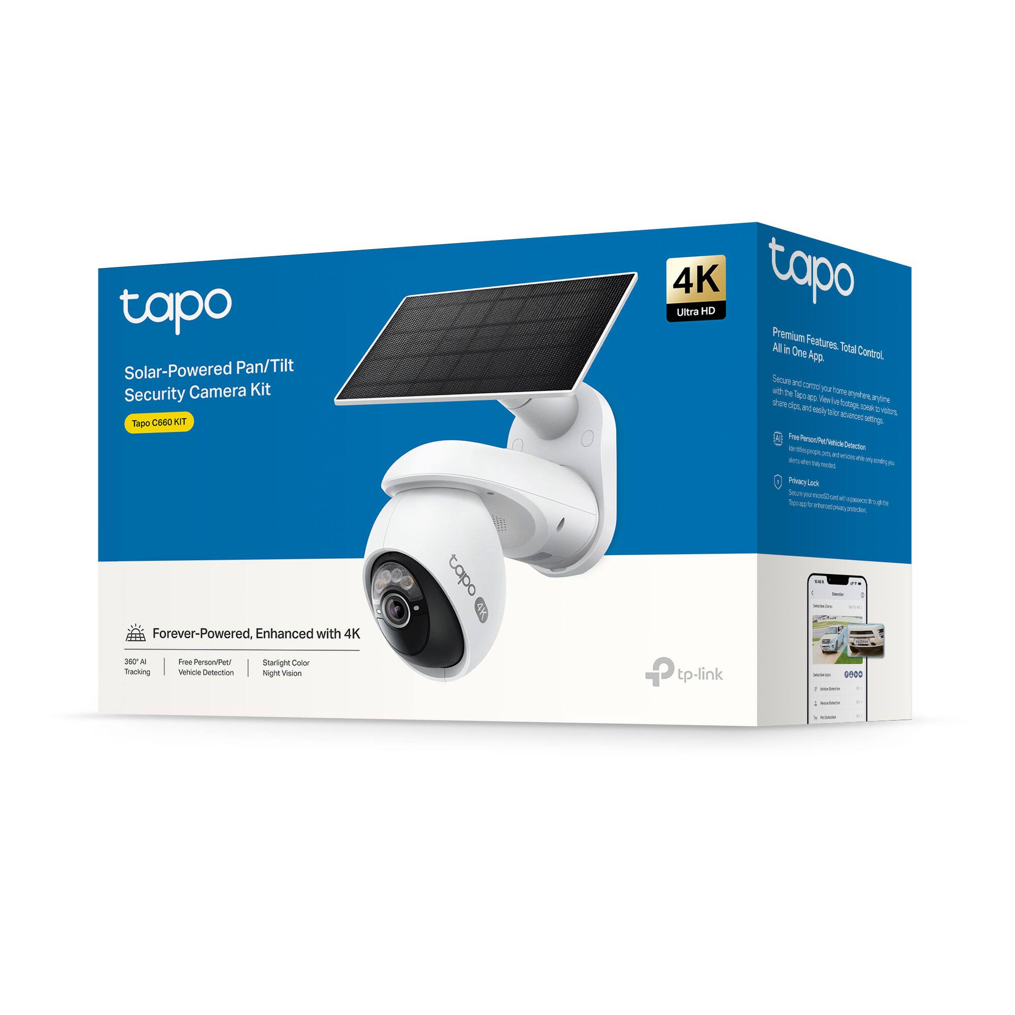 tapo Solar-Powered Pan/Tilt Security Camera Kit Tapo C600 KIT 4K Ultra HD tapo Premium Features AB in One Total Control App. Secum InC - onD T Tm the 2es Wode E eu le eytne Da doL N Pocte - -e S - HOL ancct stry. Fed -k Ceeche ewn - a . AmRO ! Prry leo Tor - Forever-Powered, Enhanced with 4K tapo F -N0 A Facking drae Person/Petz Vemumia Setarton Staright Color night Vision tp-link DNOO
