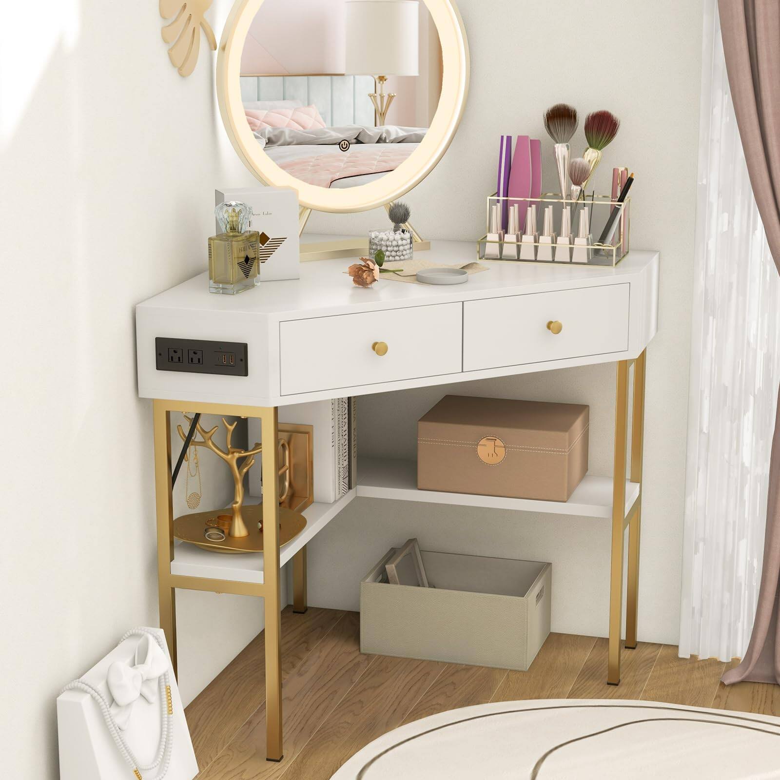 Alt View 7. Ecooso - Space-Saving Corner Desk with 2 Drawers, Compact Computer Workstation for Small Room - White.