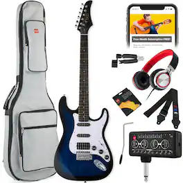 Best Choice Products - Beginner HSS Electric Guitar Kit w/ Headphone Amp, Gig-Bag, Headphones - Hollywood Blue/White