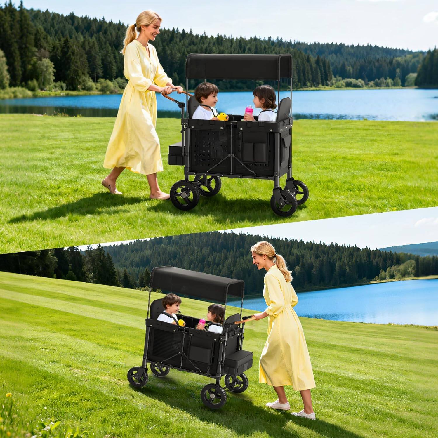 Alt View 2. Circus Cirle -  2 Seater Foldable Stroller Wagon with Removable Sun-Proof Canopy.
