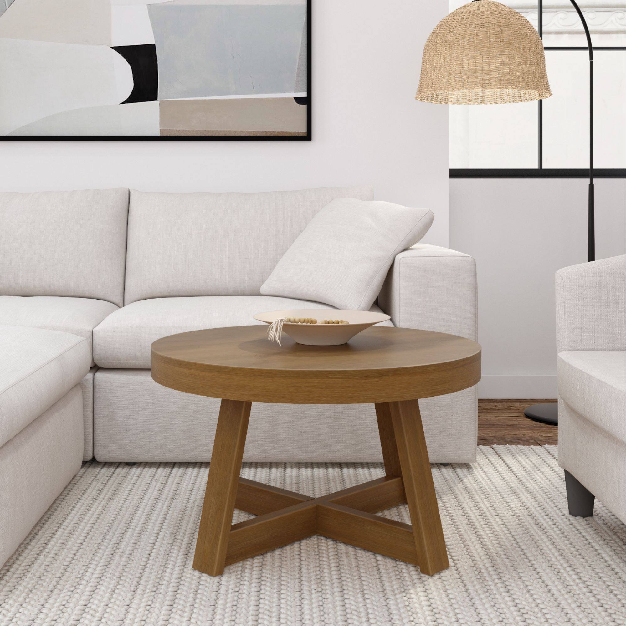 Alt View 1. Plank+Beam - Classic Round Coffee Table (30in x 30in / 760mm x 760mm), Pecan Wirebrush - Pecan Wirebrush.