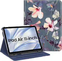 Fintie - Folio Case for iPad Air 11-inch (M4/M3/M2) & iPad Air 4th/5th Gen 10.9" | Multi-Angle Viewing Stand Cover with Pocket - Blooming Hibiscus