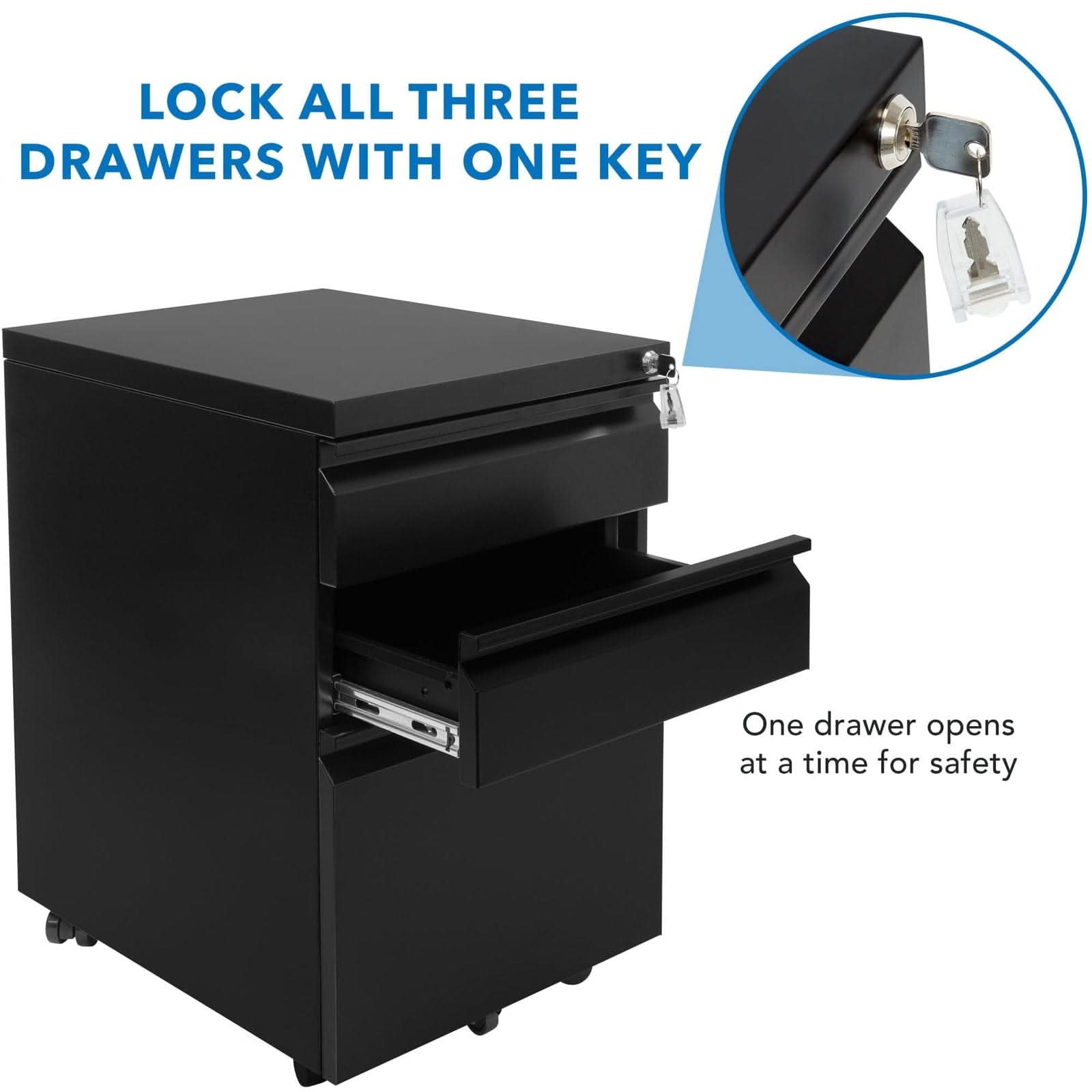 LOCK ALL THREE DRAWERS WITH ONE KEY  
One drawer opens at a time for safety