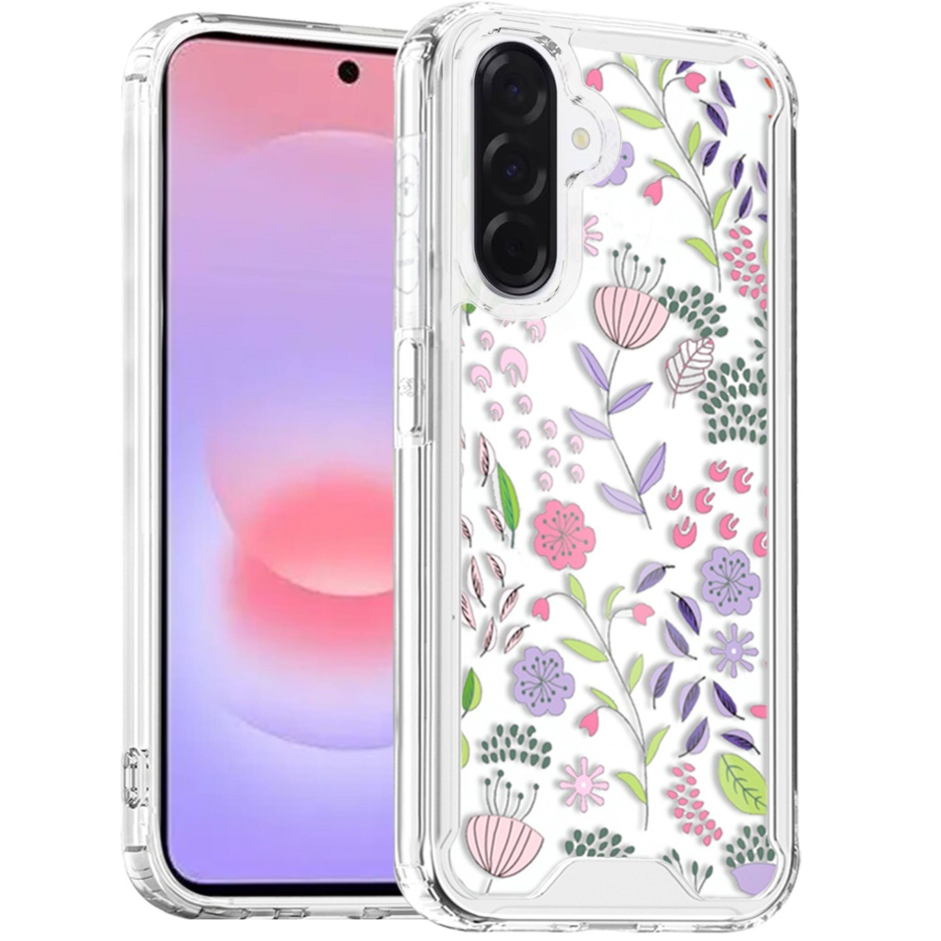 Angle. Kitcheniva - Cute Printed Design Clear TPU Phone Cover With Tempered Glass For Samsung Galaxy A37 Wildflowers - Multicolor.