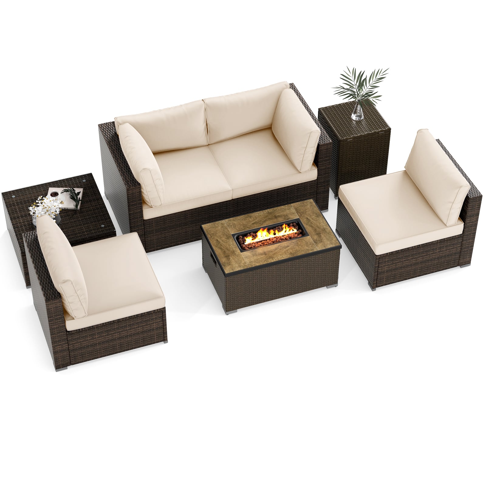 Front. Gymax - Gymax Set Of 7 Furniture Set w/32'' Fire Pit Table & Propane Tank Cover Outdoor White - White.