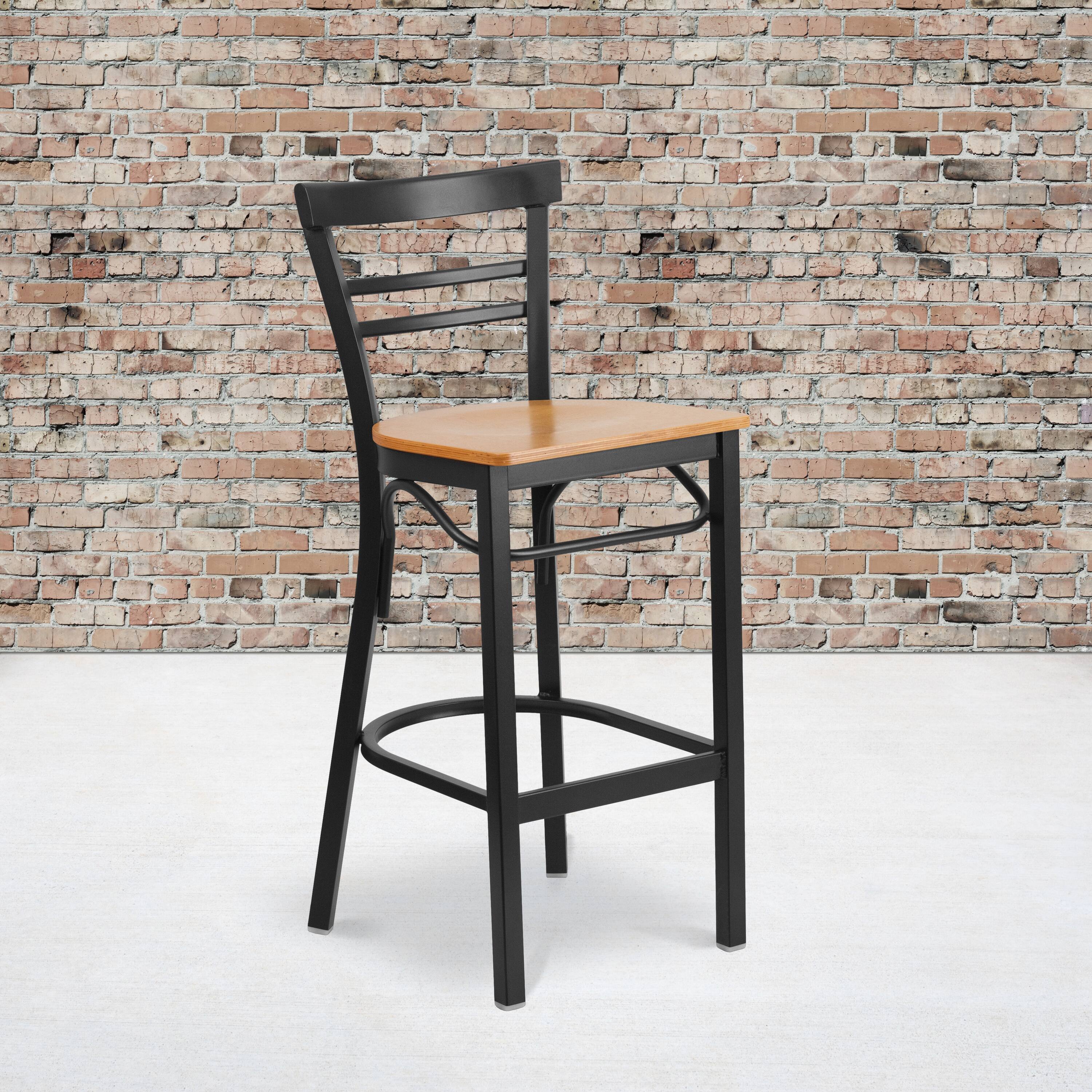 Angle. Flash Furniture - HERCULES Series Black Two-Slat Ladder Back Metal Restaurant Barstool - Natural Wood Seat - Natural.