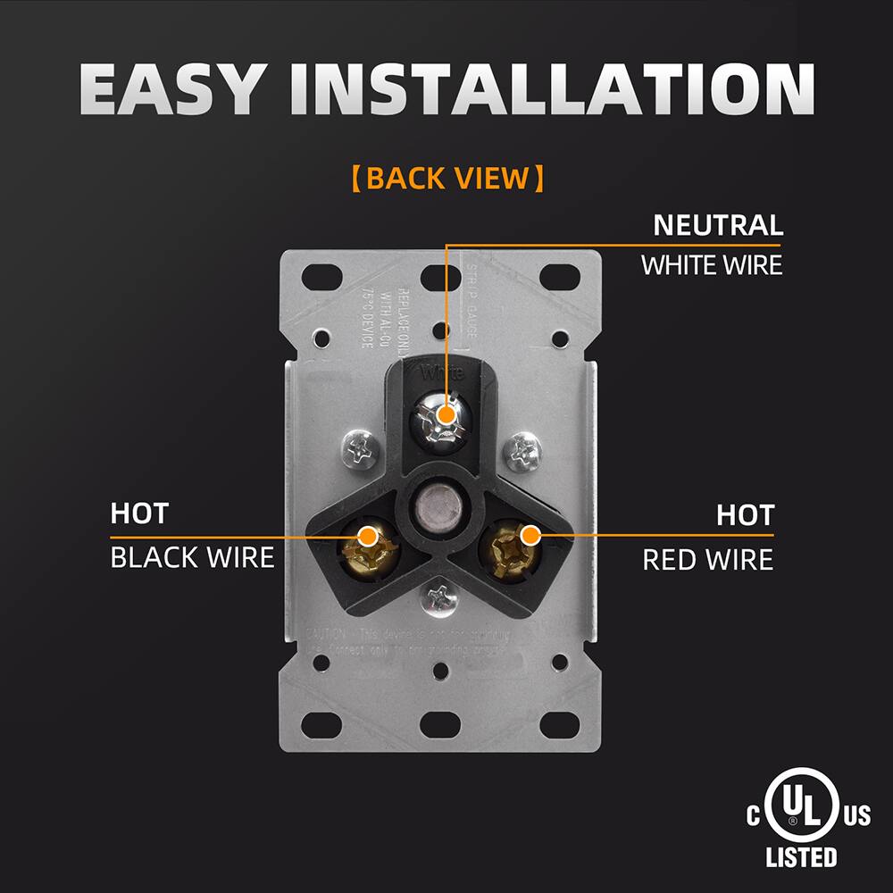 EASY INSTALLATION  
[BACK VIEW]  

NEUTRAL WHITE WIRE  
HOT BLACK WIRE  
HOT RED WIRE  

CAUTION: This device is potter. So, it is only to be connected one at a time.  

UL US LISTED