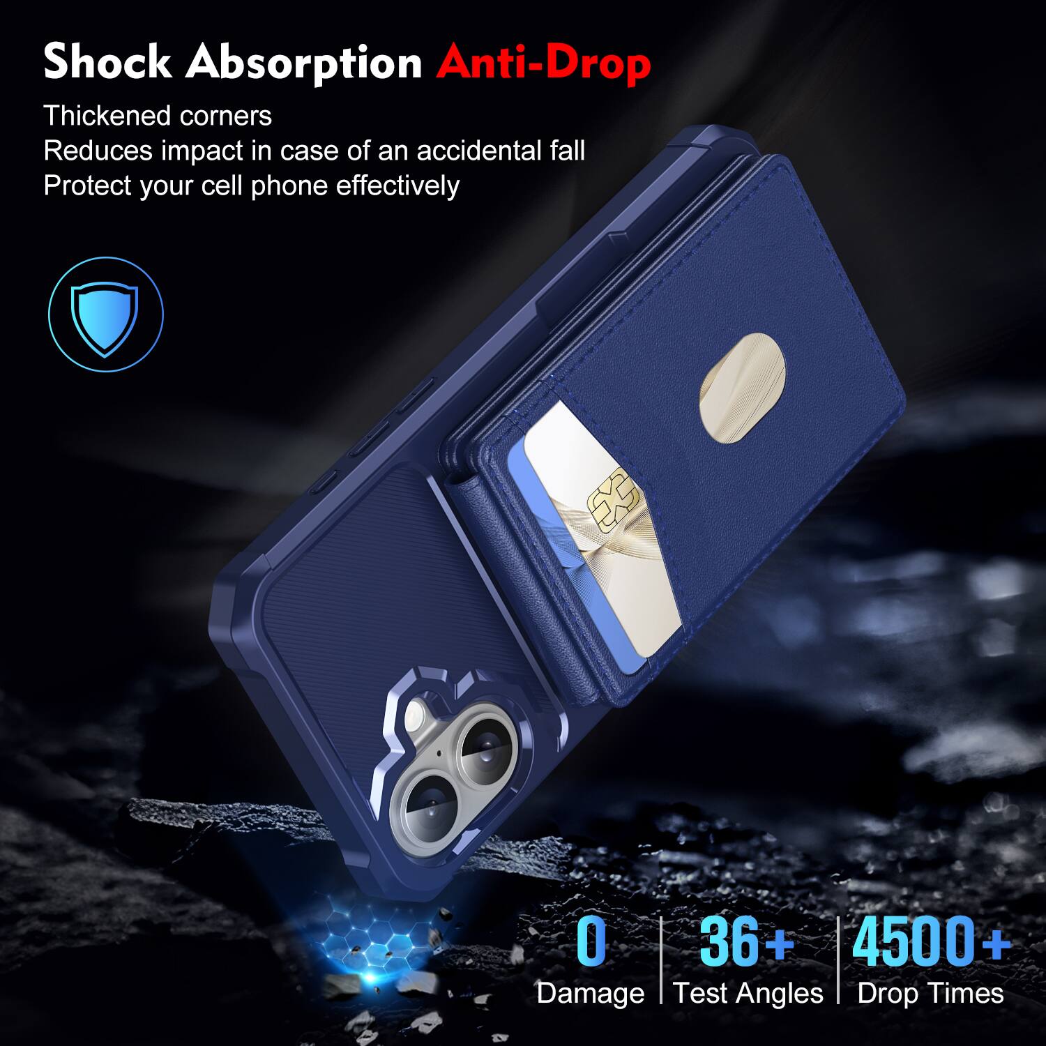 Shock Absorption Anti-Drop  
Thickened corners  
Reduces impact in case of an accidental fall  
Protect your cell phone effectively  

0 Damage  
36+ Test Angles  
4500+ Drop Times
