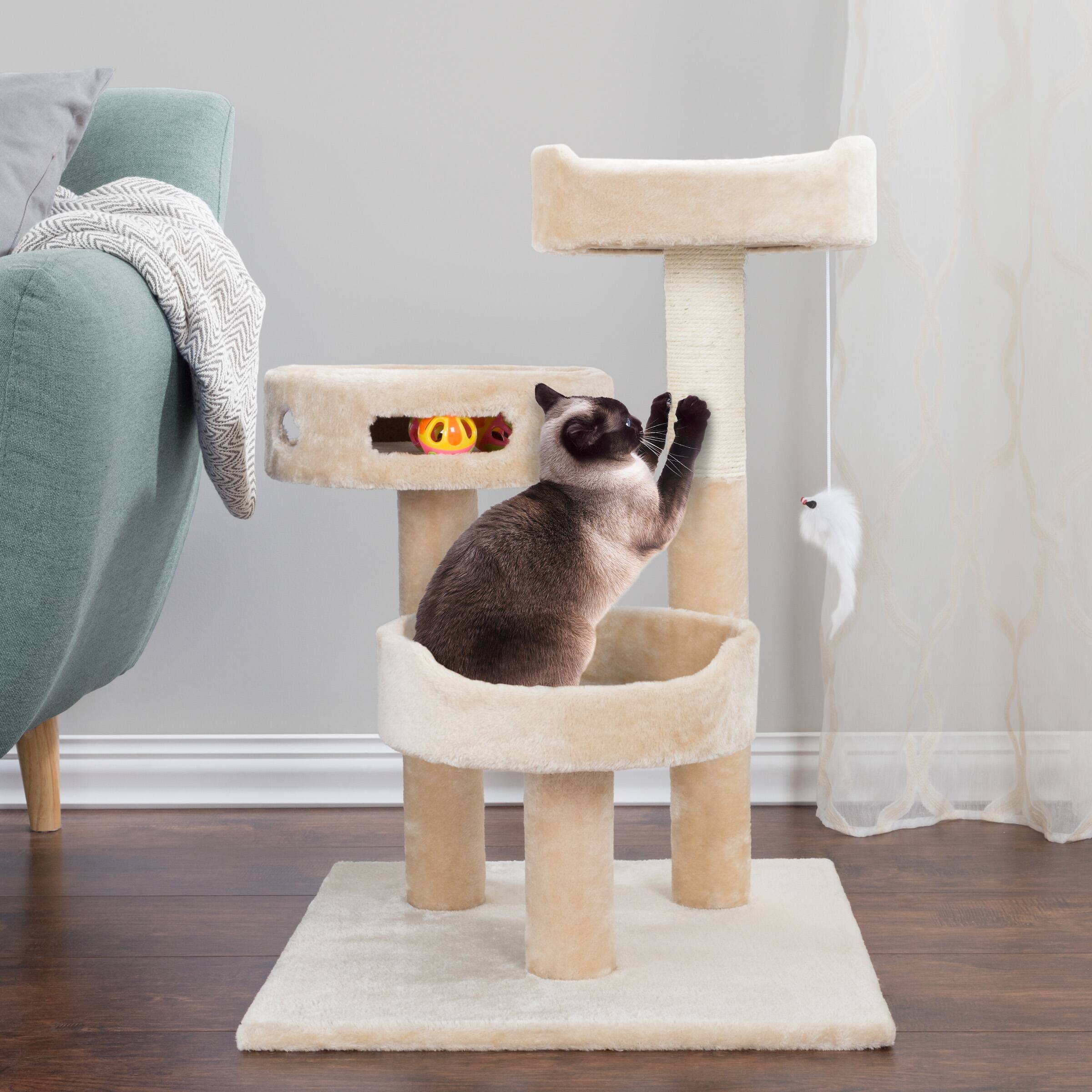 Alt View 1. PetMaker - Cat Tree 3-Tier Tall Cat Tower Condo with 2 Napping Perches, Sisal Rope Scratching Post, Hanging Mouse and Wheel Toy - Beige.