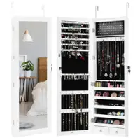 Costway - Wall Door Mounted Mirror Jewelry Cabinet Organizer w/LED Light - White - Front_Zoom